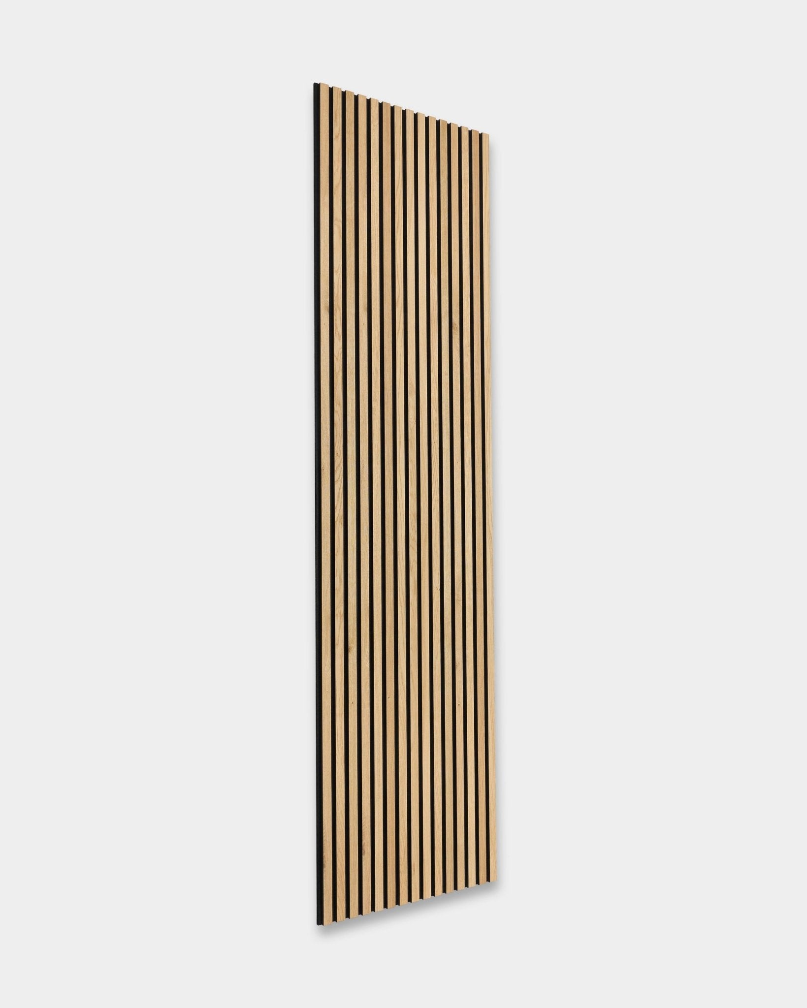 Akupanel oak slat acoustic wall panel with black felt backing on plain white background