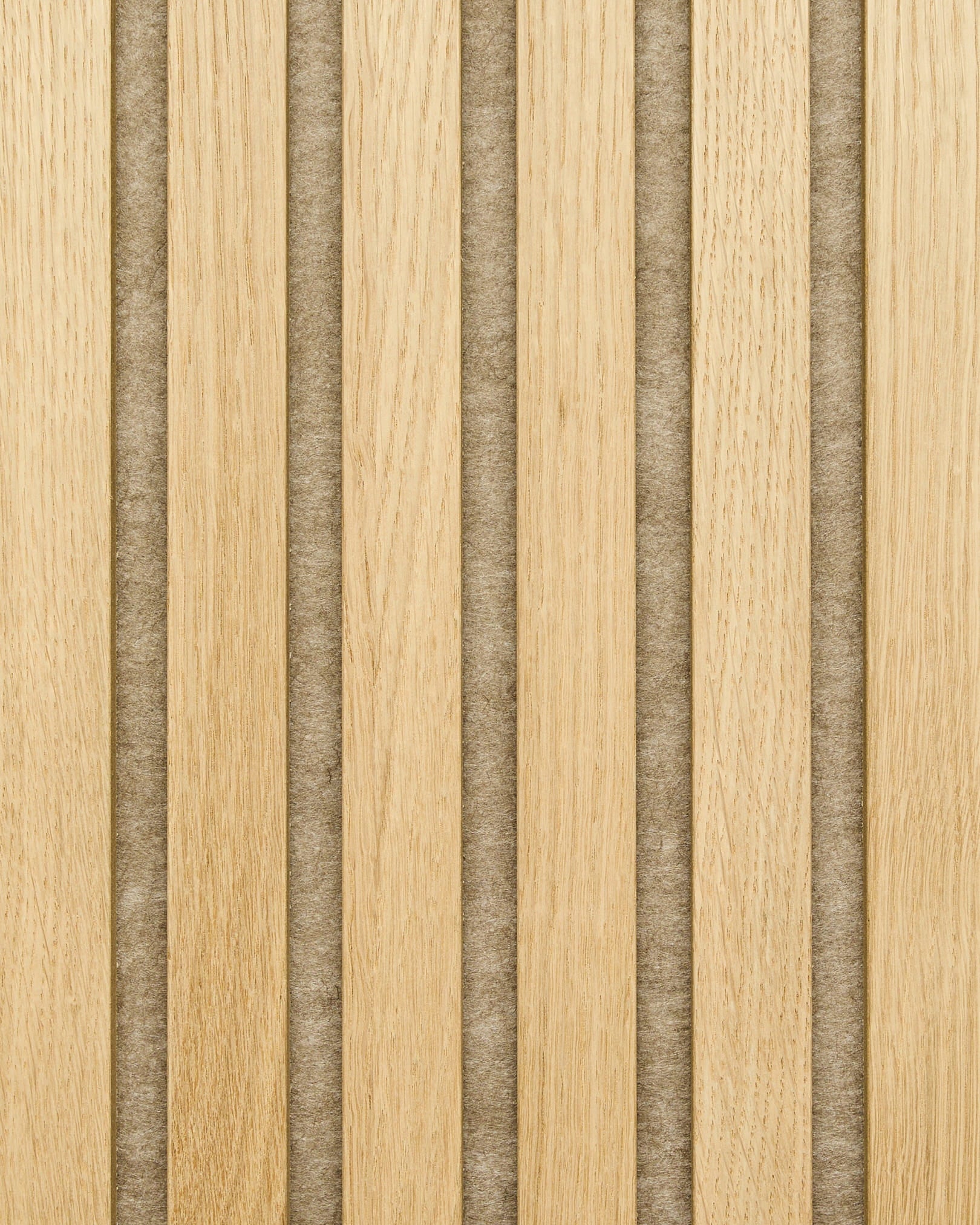 WoodUpp Akupanel samples in Classic Oak natural wood with dark beige felt backing, displayed as vertical acoustic slats for a Nordic wall panel application.