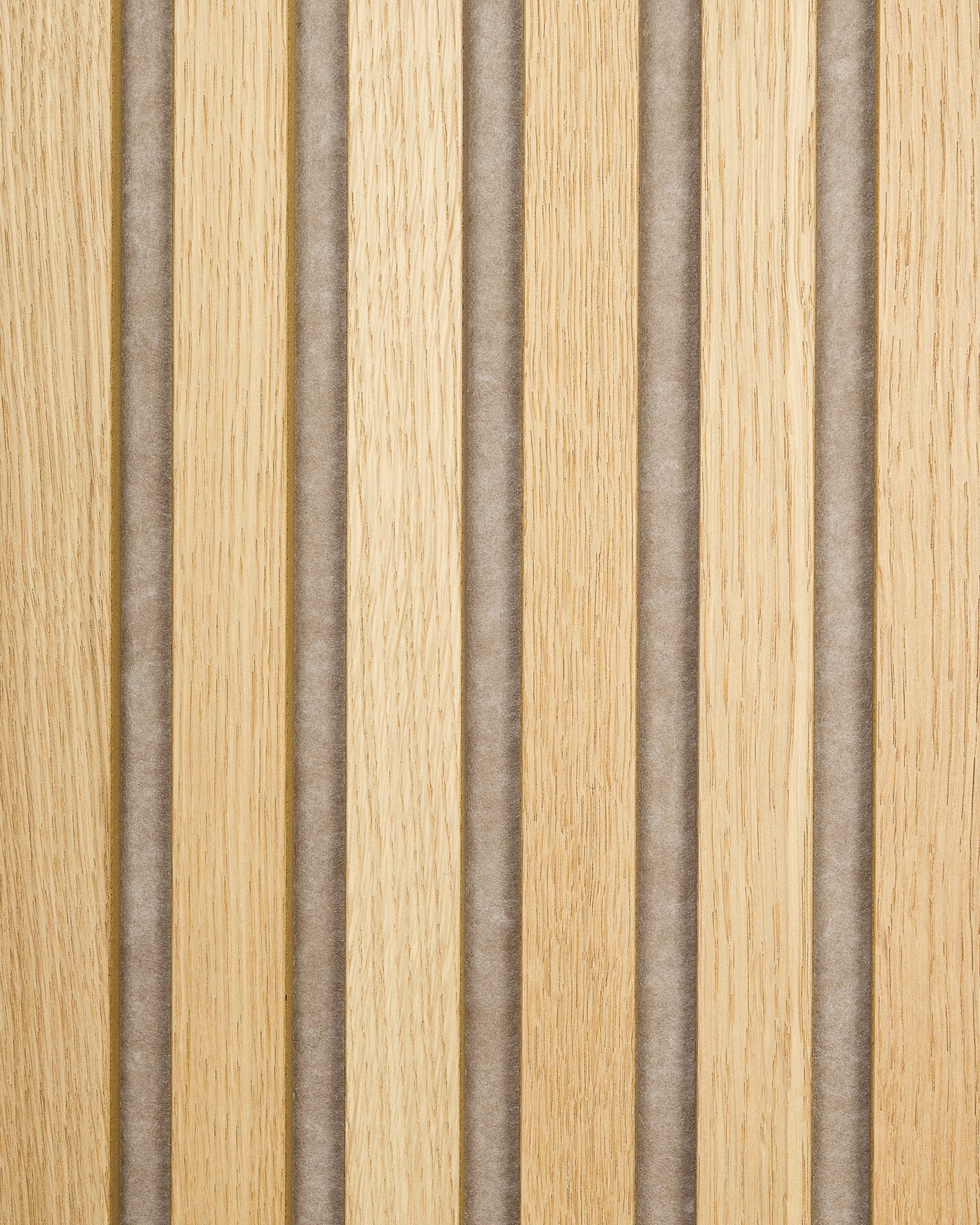 WoodUpp Akupanel acoustic panel with classic oak slats and dark beige felt backing in a striped Nordic design, measuring 240 x 60 cm.