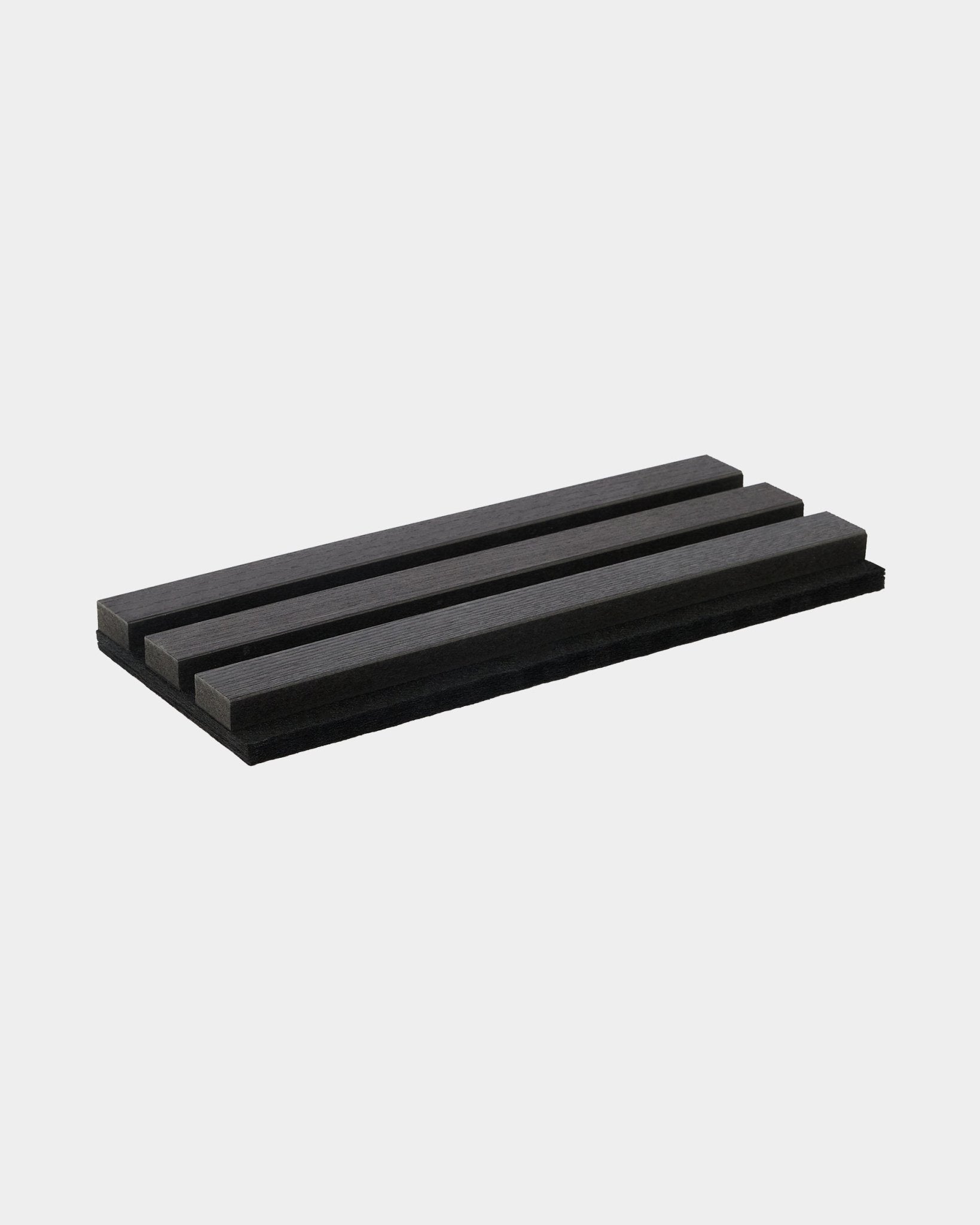 Akupanel acoustic slat panel sample in black on a plain white background