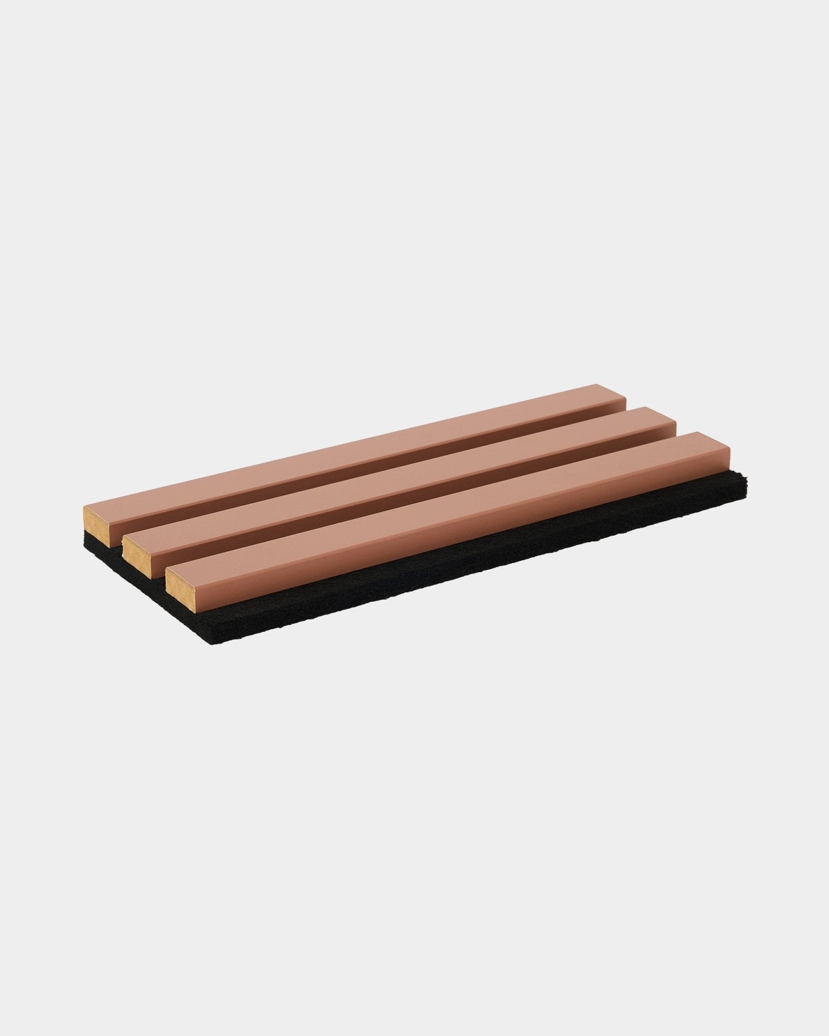 Akupanel sample - four clay-coloured wood slats on black acoustic felt, plain white background