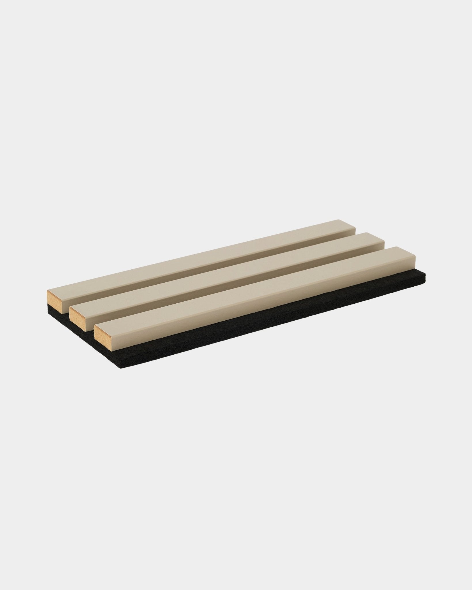 Akupanel acoustic slat panel sample in stone beige on black acoustic backing, plain white background