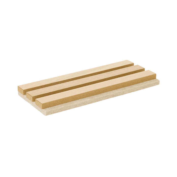 Akupanel color sample with three raised wood slats on beige felt backing, plain white background