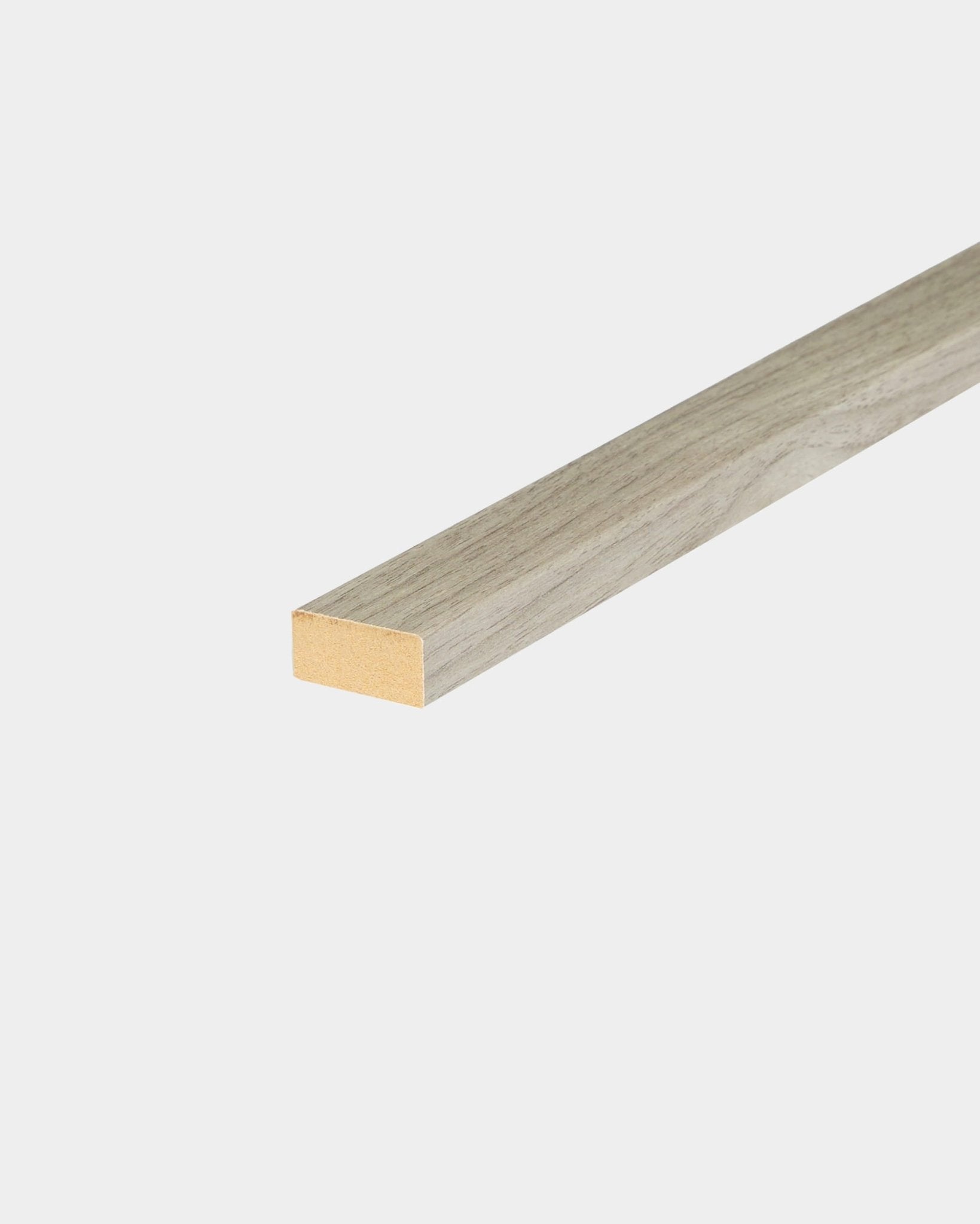 WoodUpp Akupanel acoustic panel in weathered oak, 240 cm, light gray finish on three sides, natural wood end, shown against a plain background.