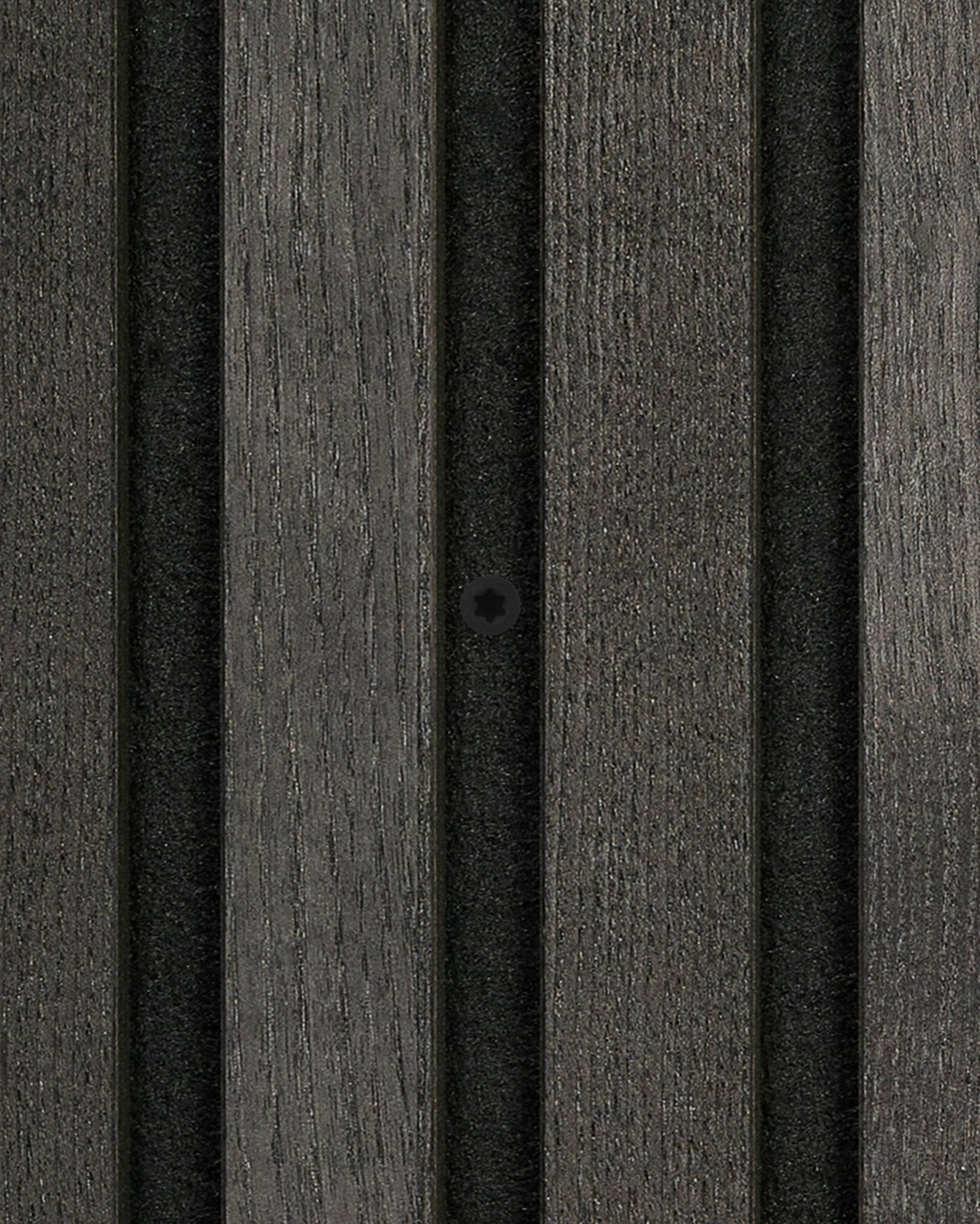 Akupanel acoustic slat wall panel with dark grey wood slats and black felt backing, close-up