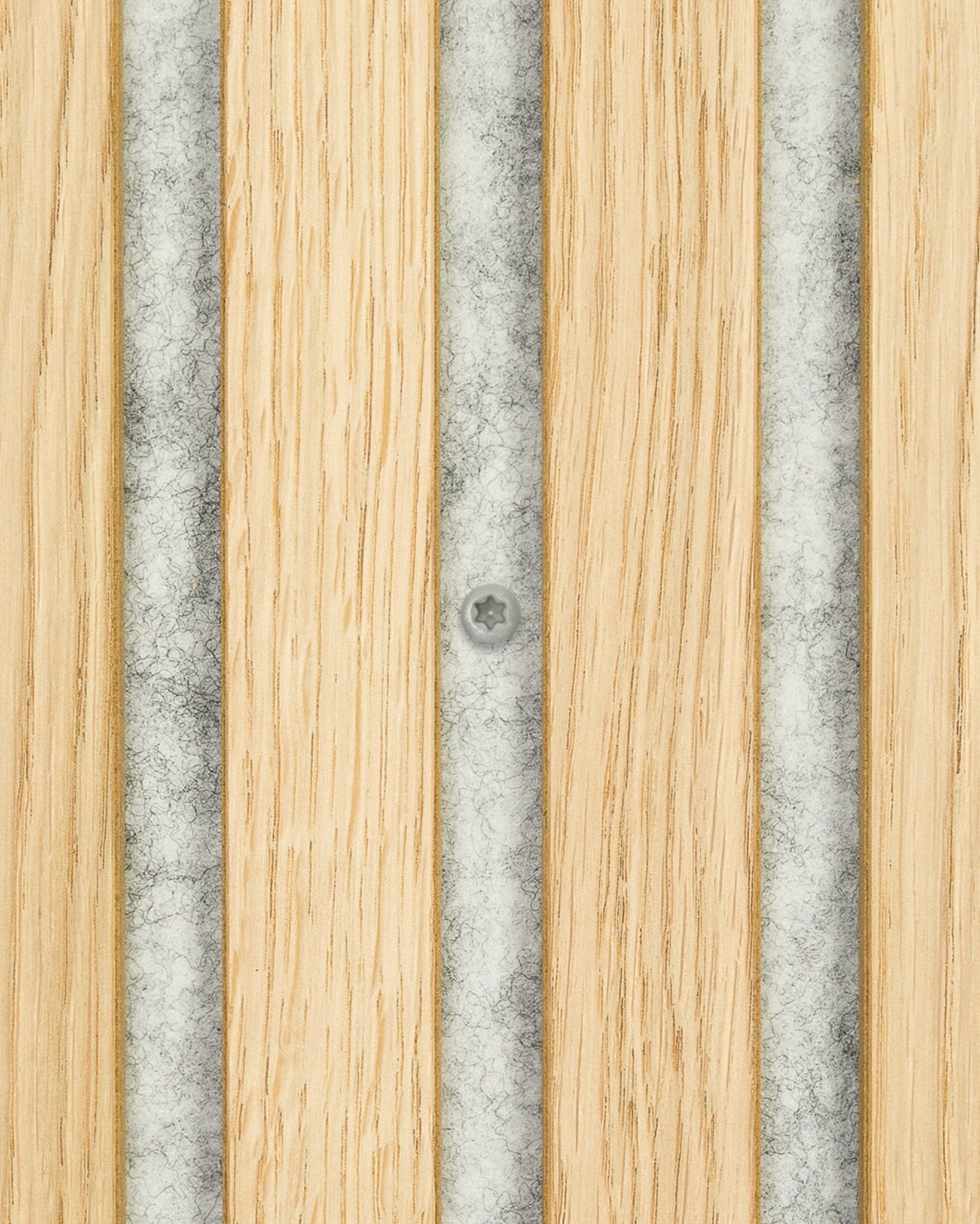 Akupanel wood acoustic slat panel showing grey felt backing and a single grey installation screw