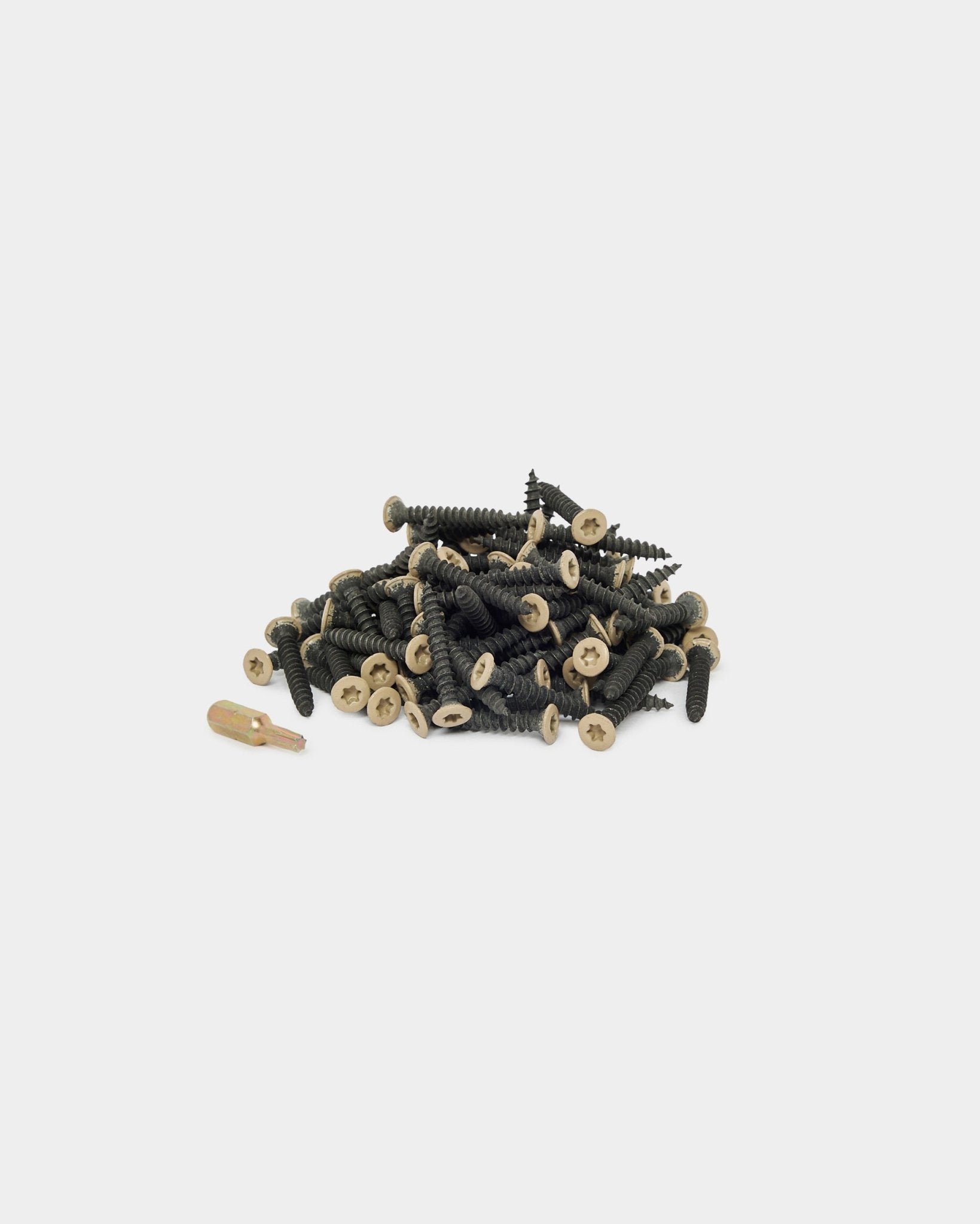 Pile of black screws with beige heads and a metal driver bit on a plain white background