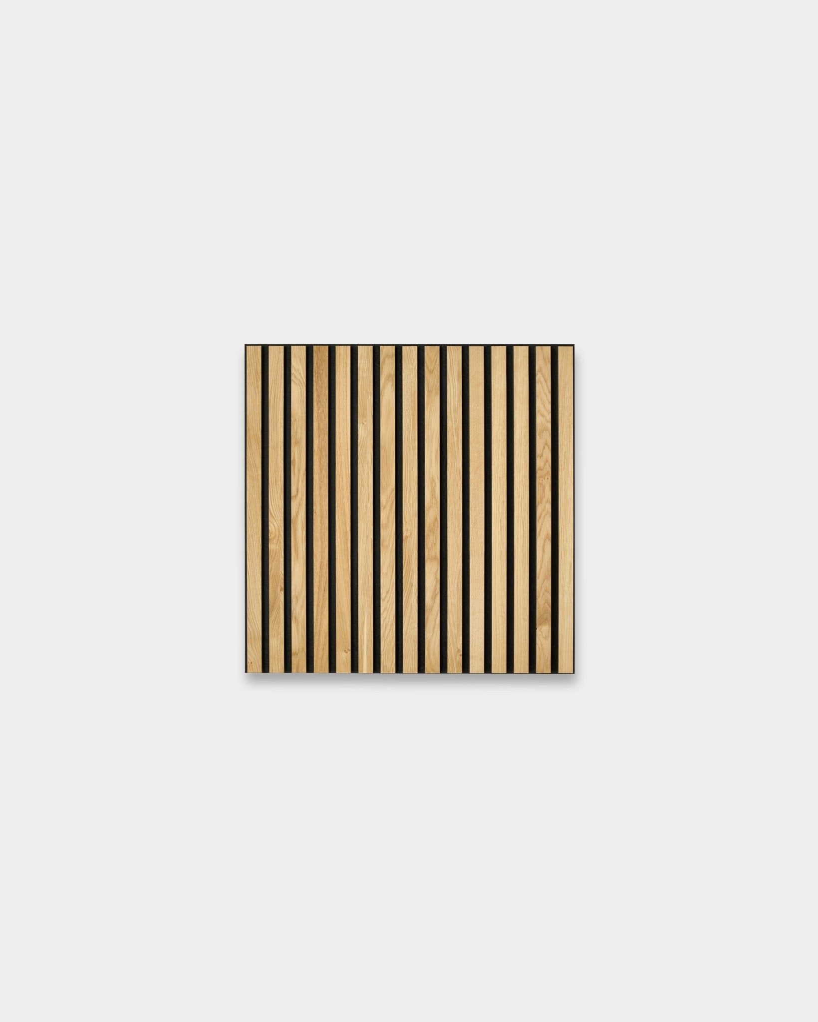 Akupanel rustic natural oak acoustic slat wall panel with vertical slats and black felt, on plain light gray background