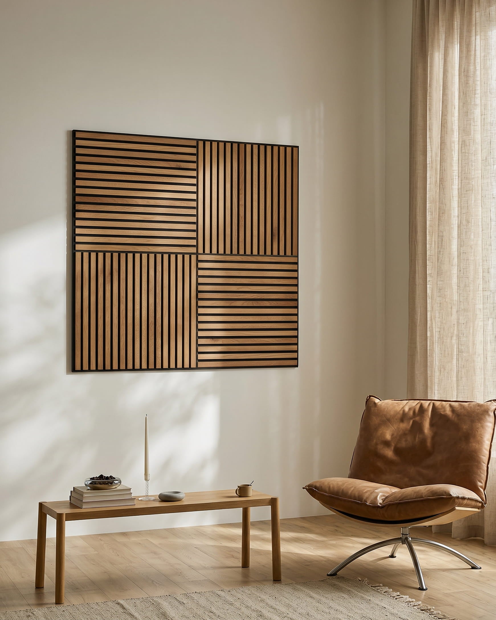 Akupanel Rustic Brown Oak acoustic slat wall panel on a living room wall.