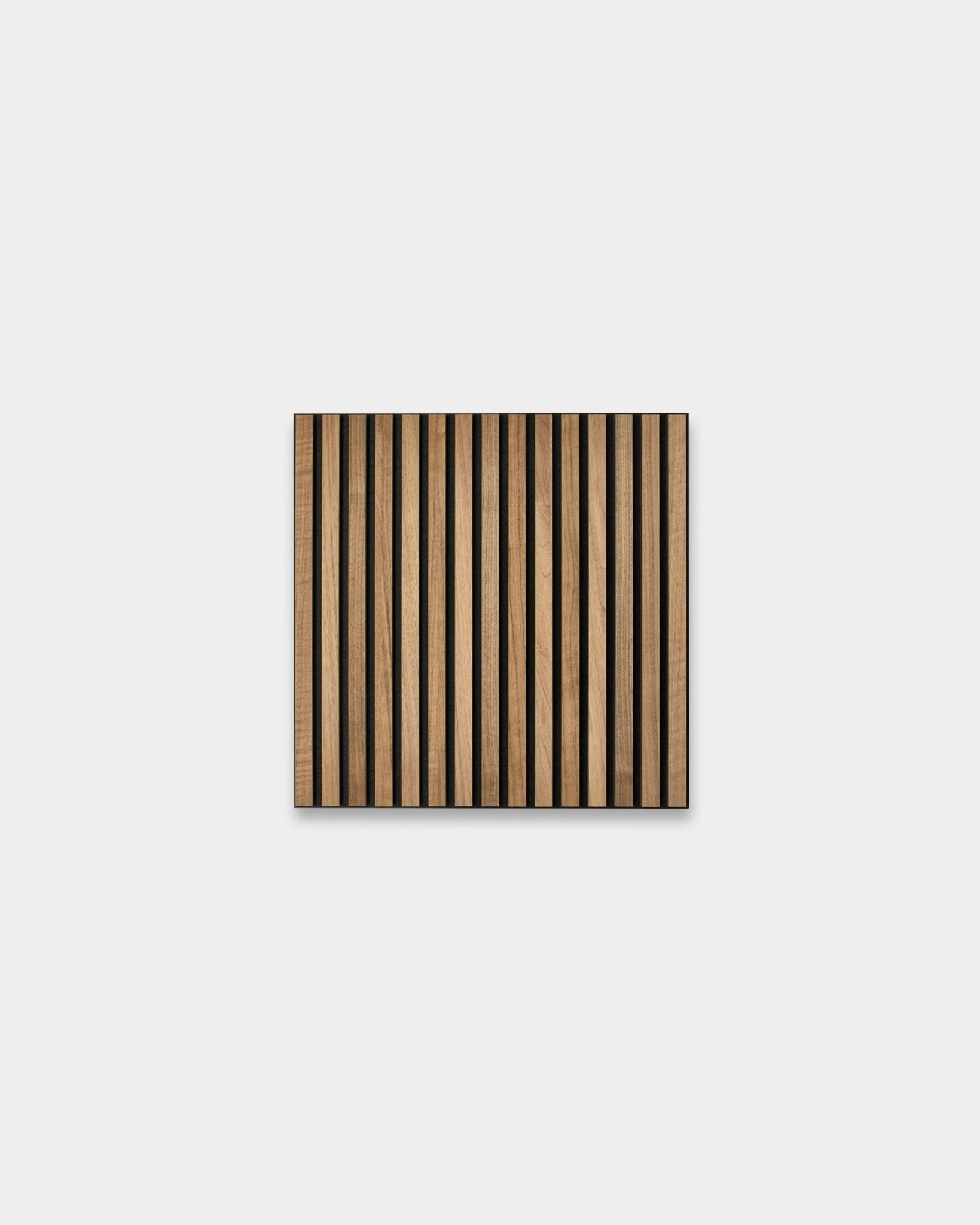 Akupanel acoustic slat wall panel in walnut with black felt backing on light grey background