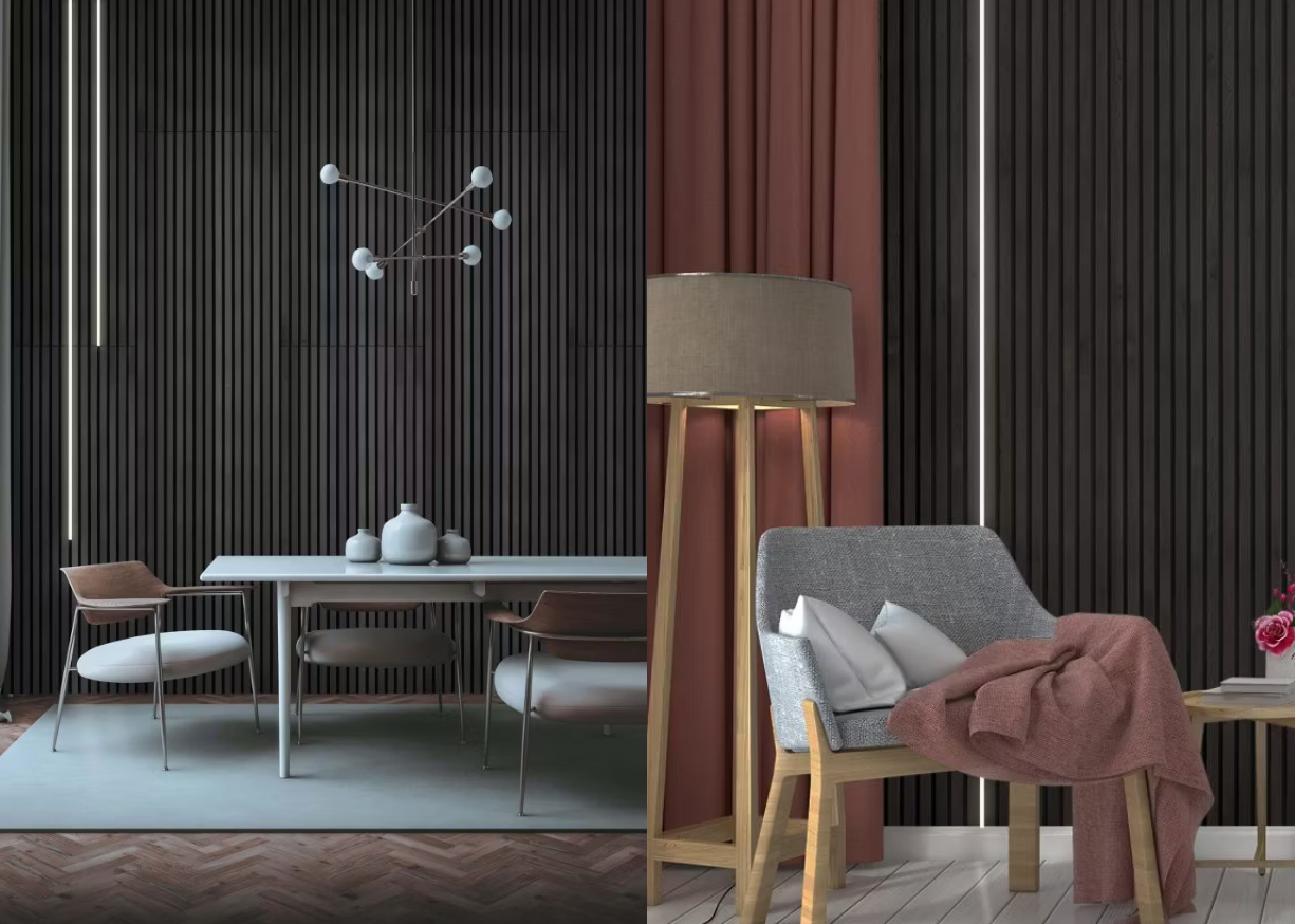 Dining and lounge areas with dark vertical Akupanel acoustic wood panels, minimalist furniture, soft lighting, and a slim white EMBRACE room divider.