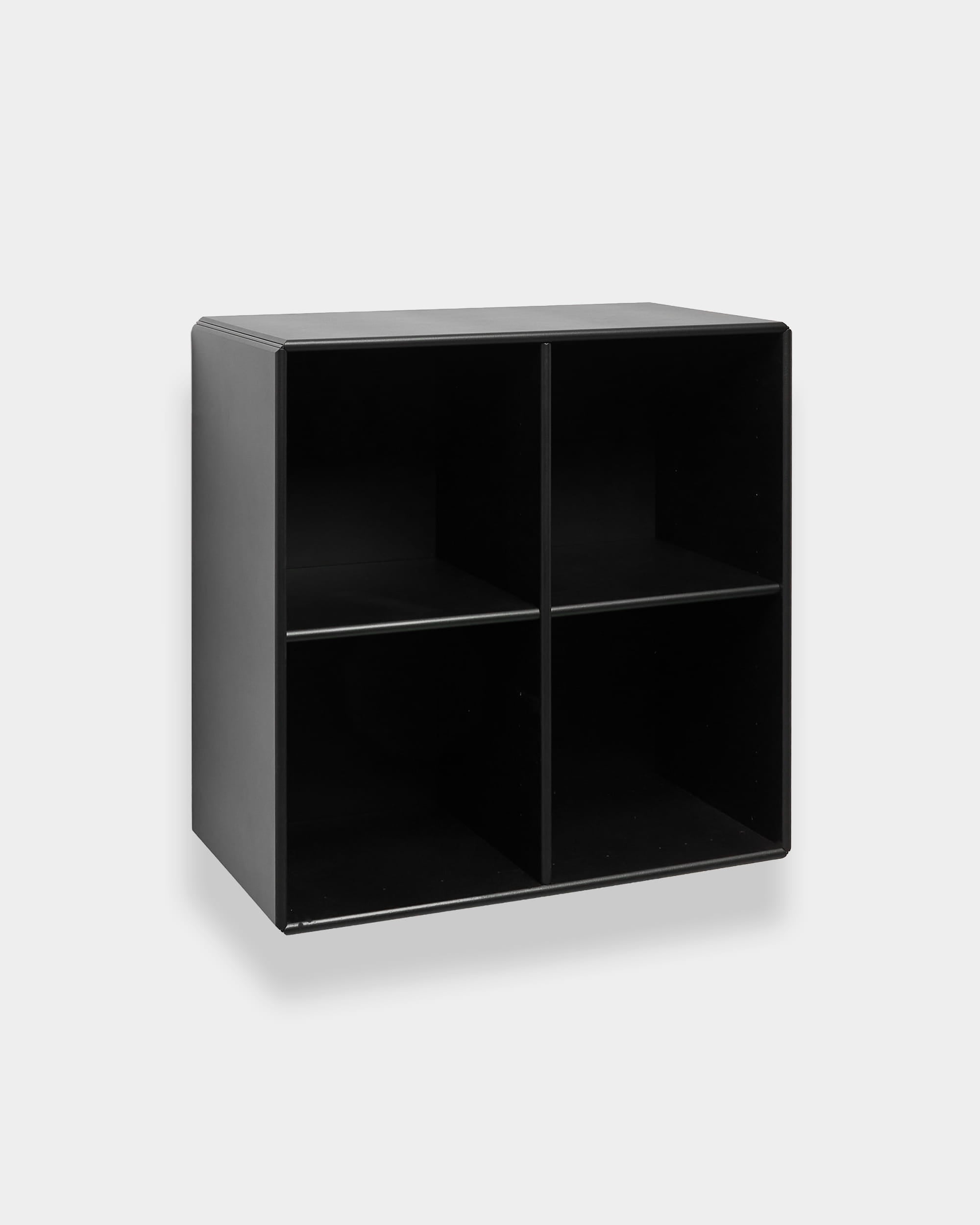 WoodUpp Arka Open Cabinet in black with four open compartments, modular cube storage design, set against a light gray background.