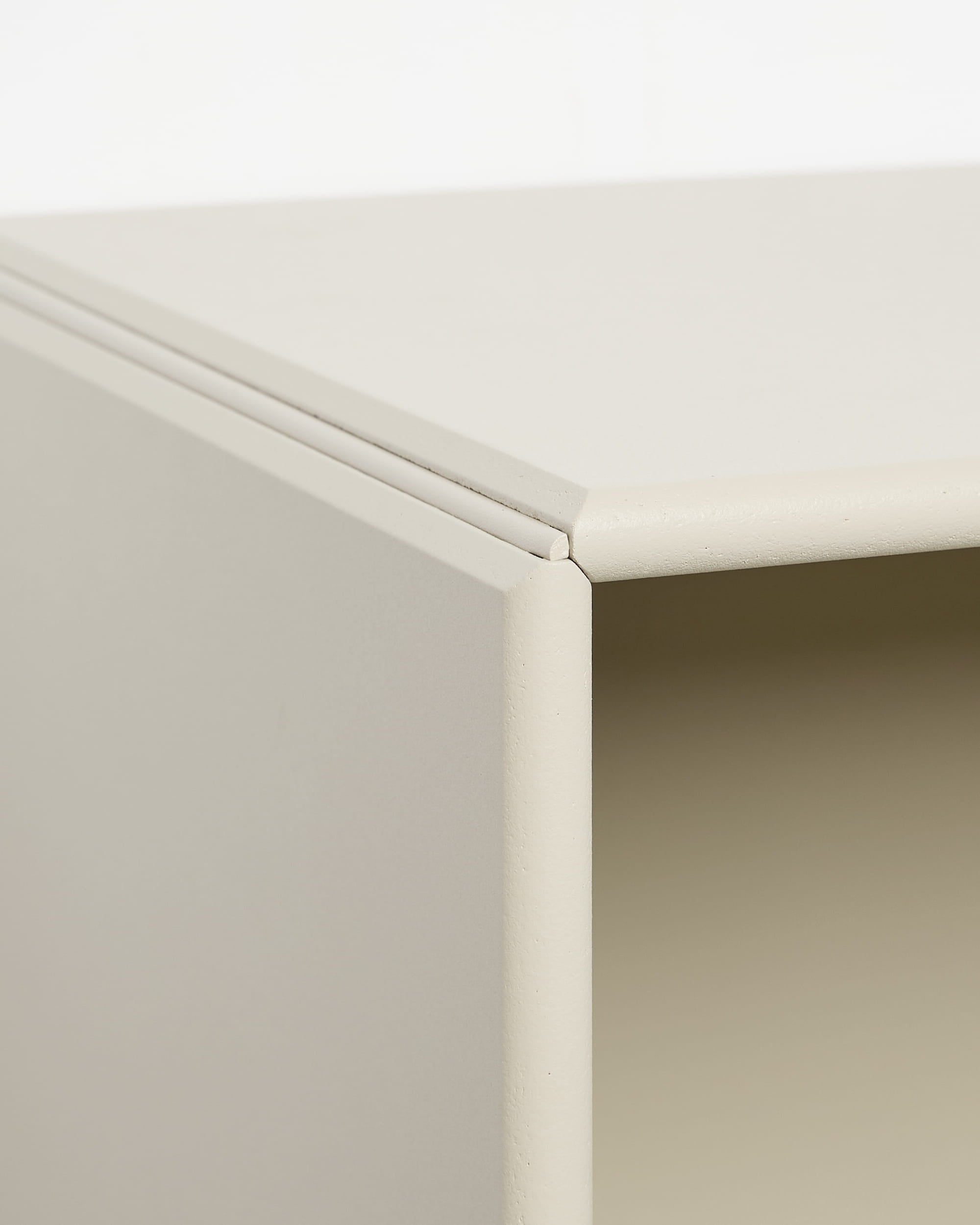 Close-up of WoodUpp Arka Open Cabinet in beige, a modular storage cube featuring smooth surfaces and minimalist Nordic design.
