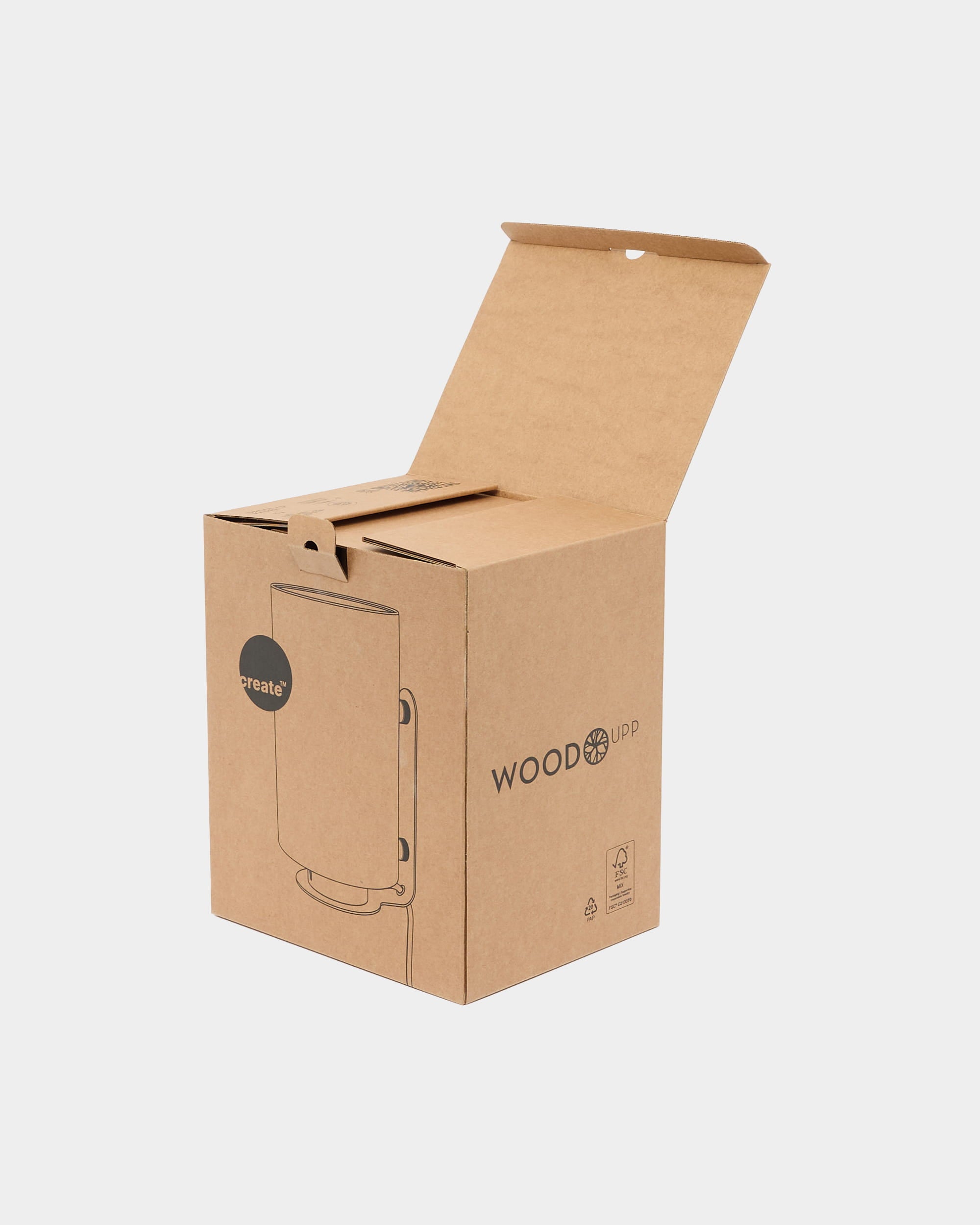 Cardboard packaging box for CREATE, brown corrugated cardboard on a plain white background.