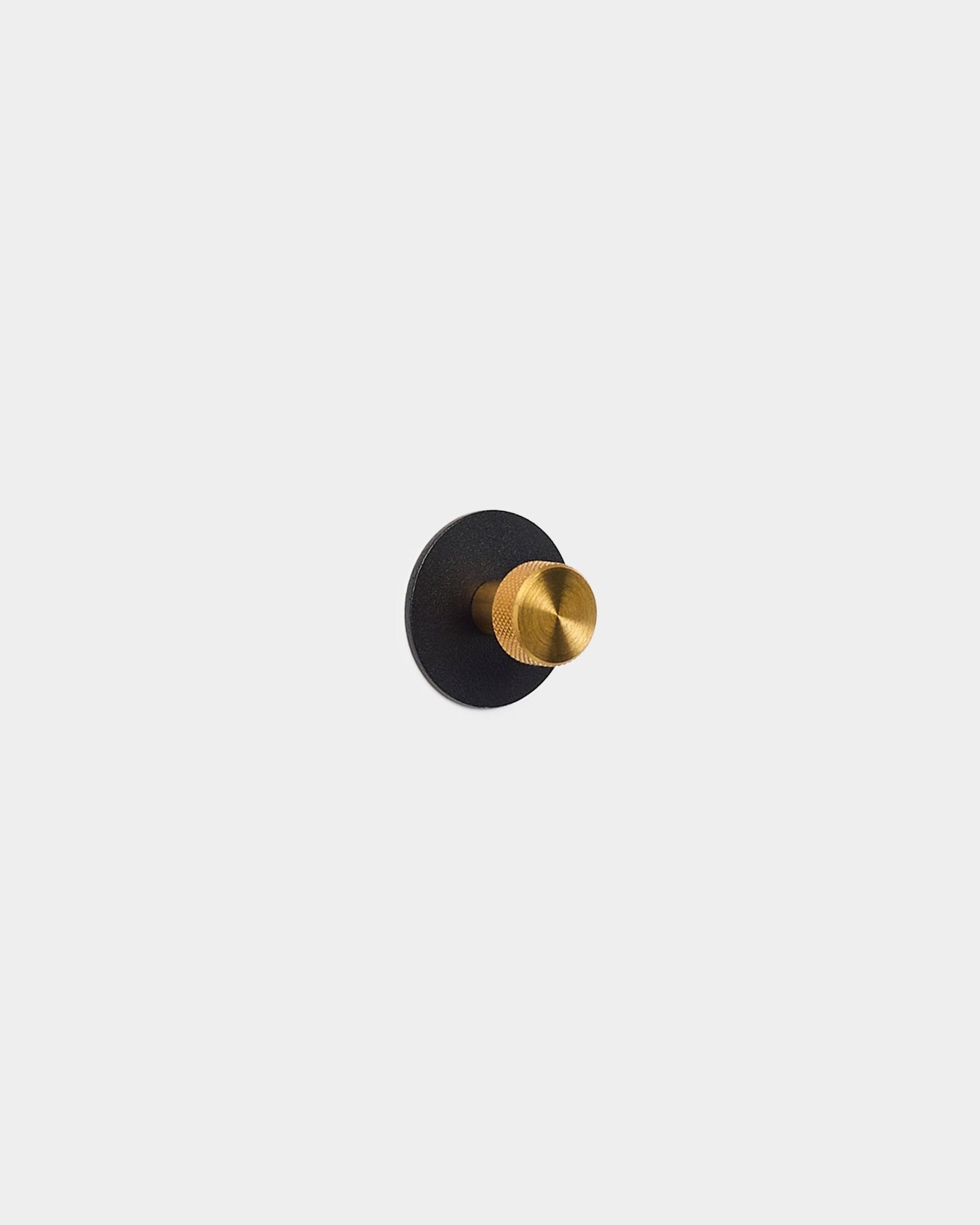 Brass coat hook on round black wall plate on a plain white background