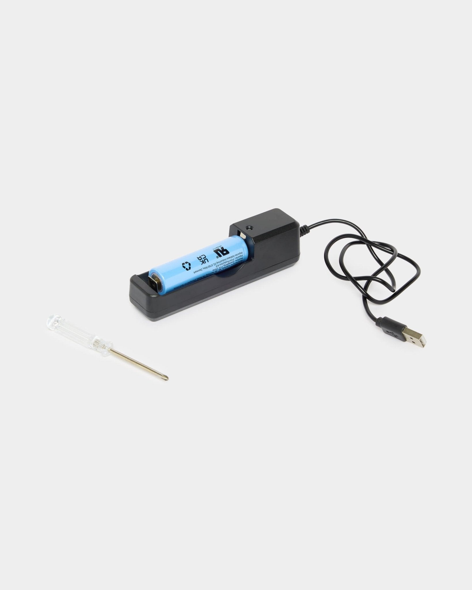 The Vala Portable LED Lamp by WoodUpp with blue battery, black USB charger, cable, and screwdriver included for cordless use.