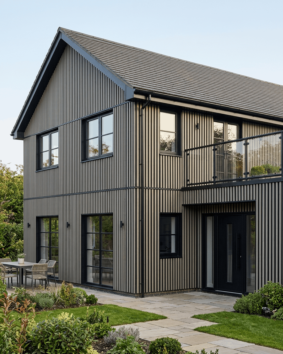 Aluwood aluminium slat cladding on a two-storey house exterior with balcony, patio and garden
