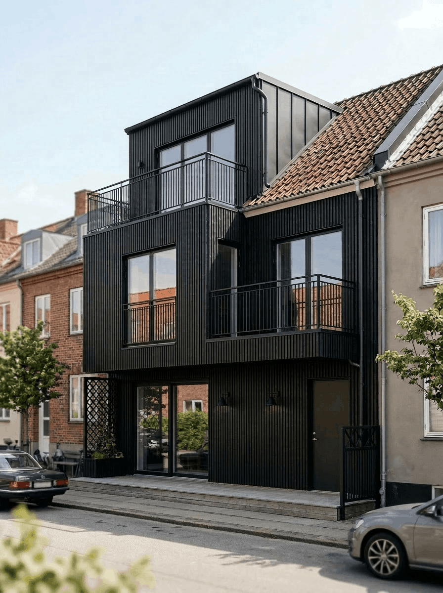 Aluwood aluminium slat cladding on a black townhouse facade on a quiet street