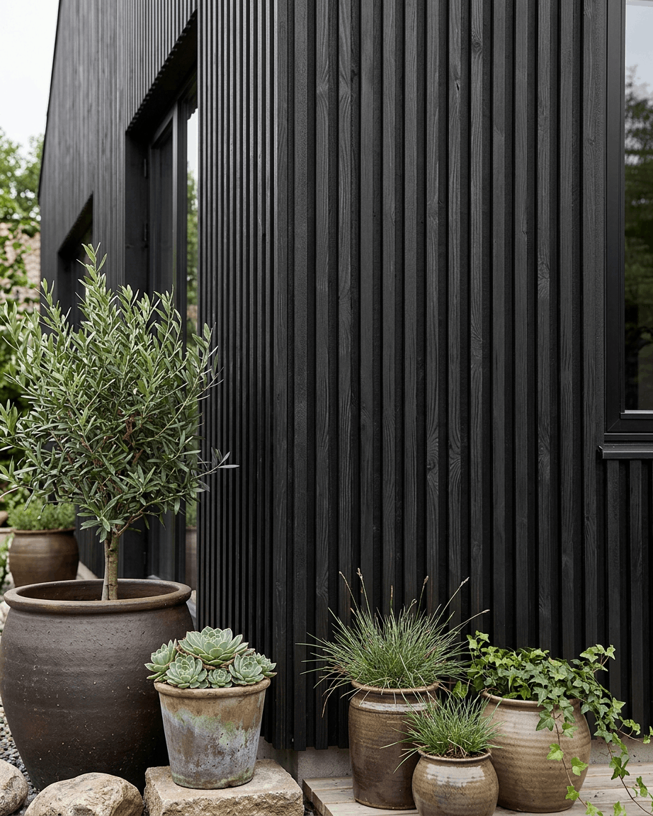 Potted olive tree and succulents next to WoodUpp Aluwood outdoor facade panel in black thermowood, 240 x 45.1 cm, on a patio.