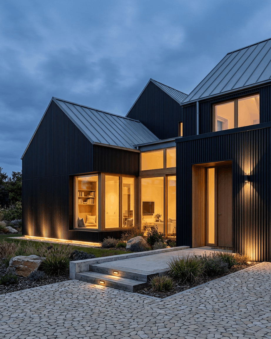 Aluwood aluminium slat cladding on black exterior house facade at dusk with warm-lit windows