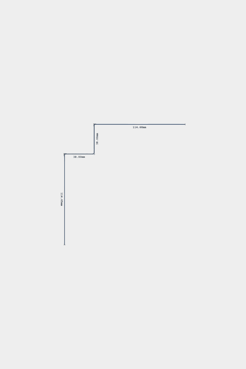 Technical drawing of Aluwood inside corner profile with 114.68 mm, 38.00 mm and 114.65 mm dimensions on white background