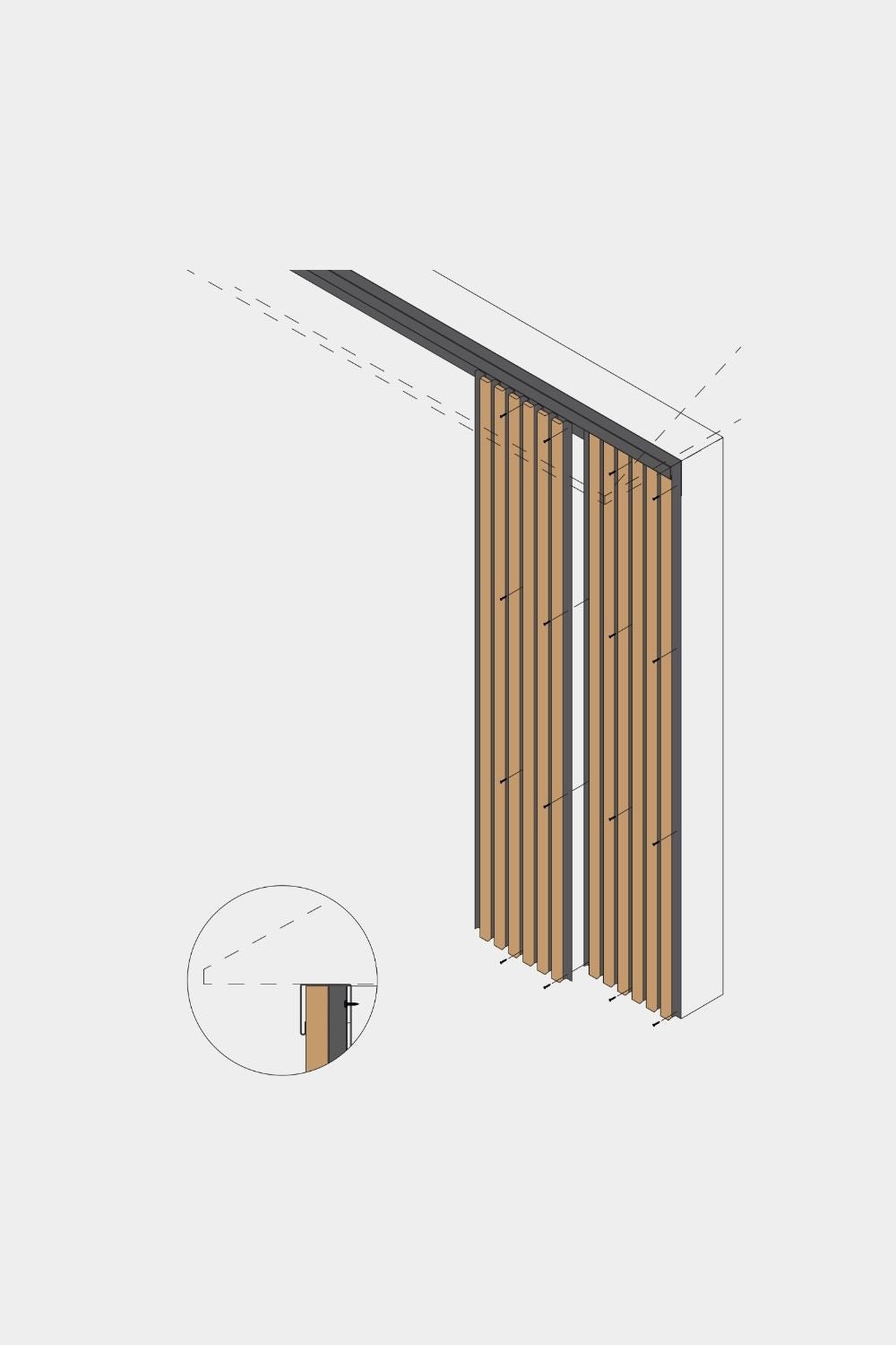 Technical drawing of Akupanel acoustic slat wall panels with top-side ceiling installation detail