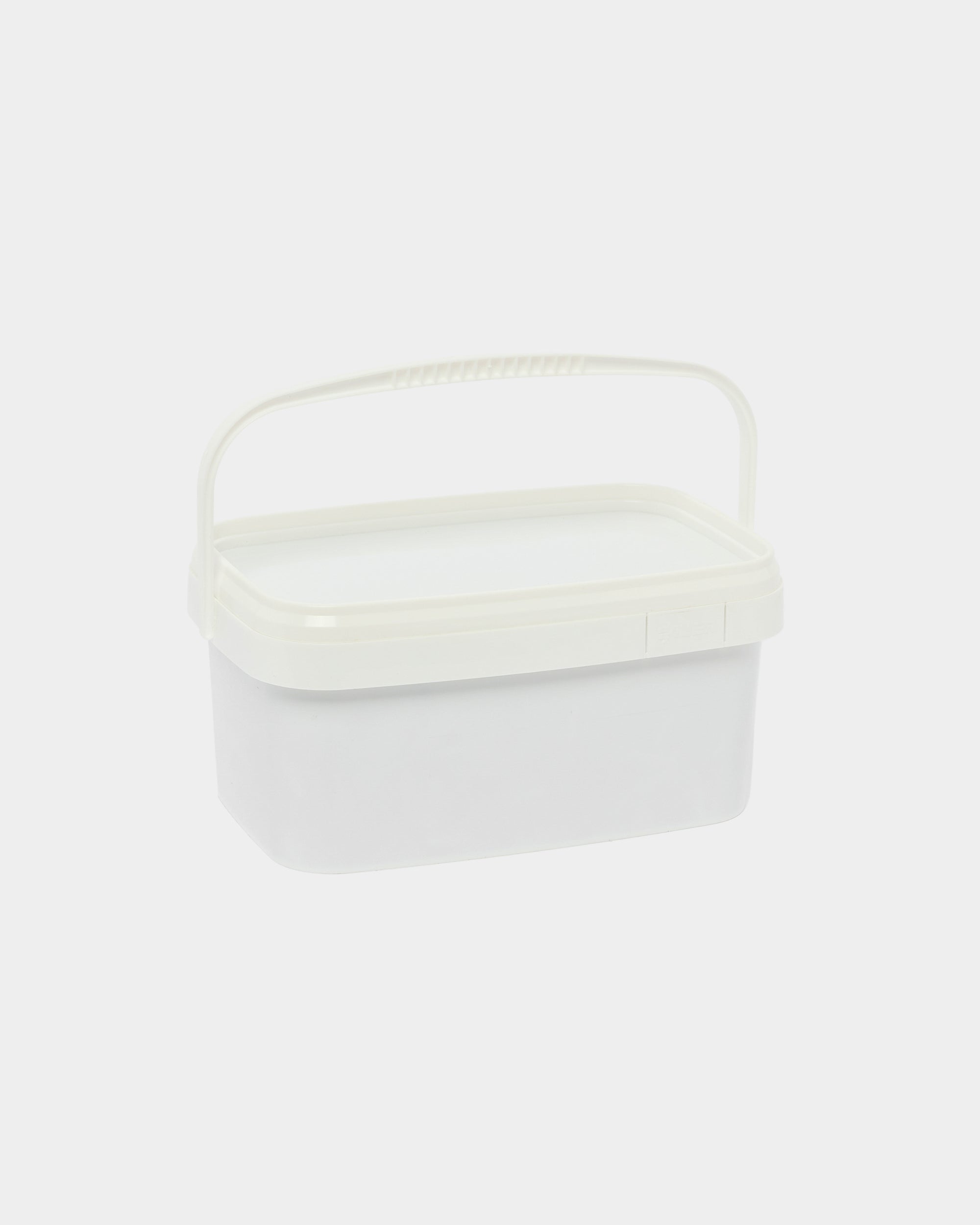 White plastic bucket with handle and lid on a plain white background.