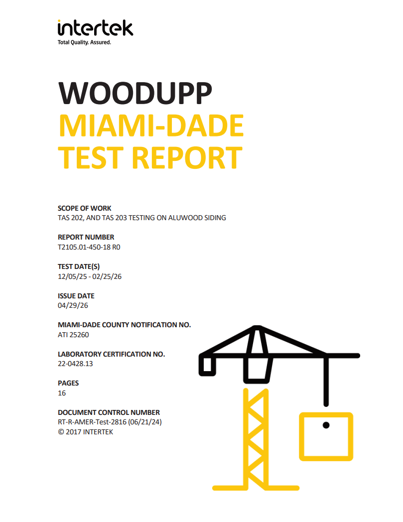 WoodUpp Miami-Dade test report cover with Aluwood testing note, Intertek logo, crane icon, white background.
