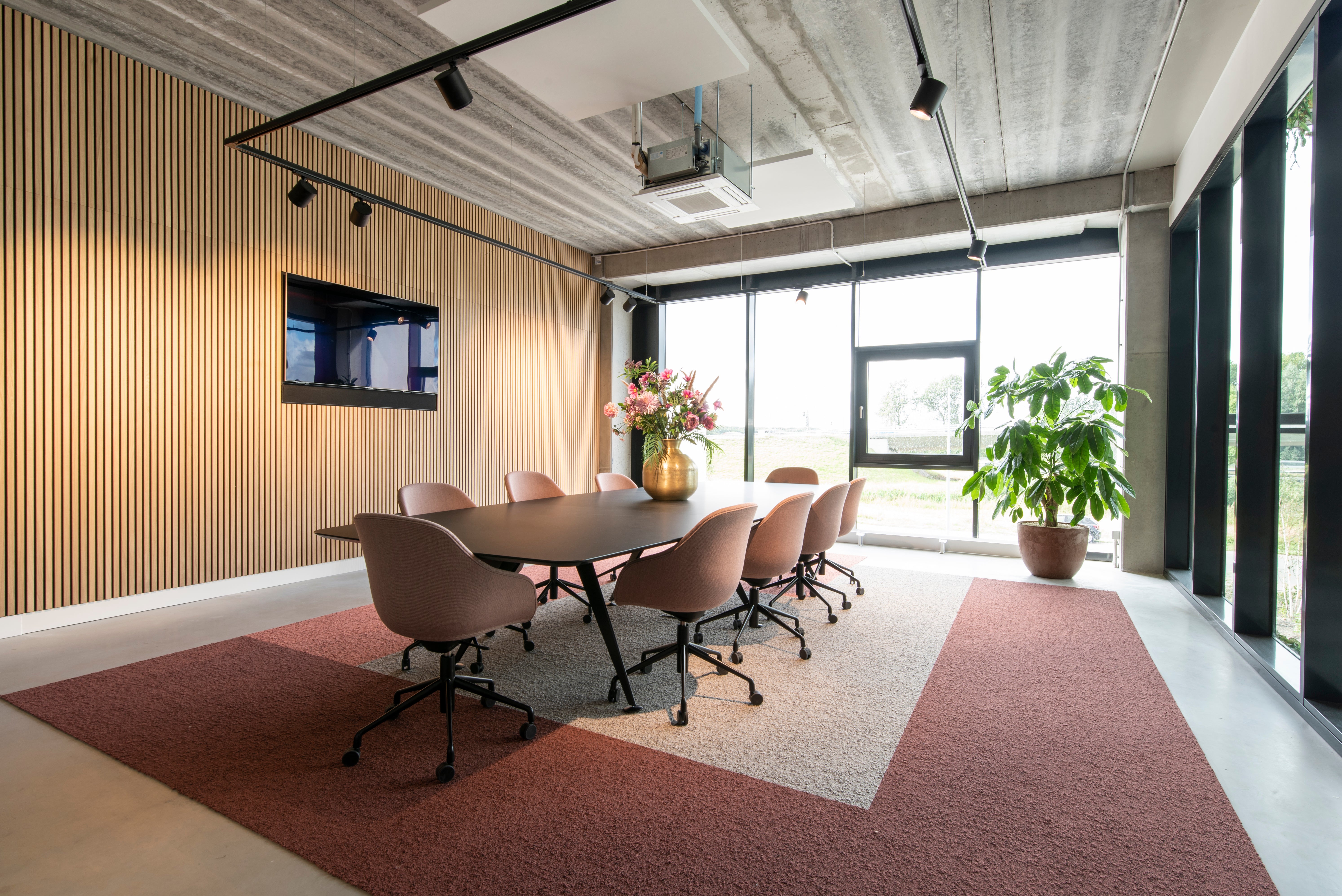 Conference room with long table, eight chairs, large windows, TV, vase with flowers, Akupanel acoustic panels on walls, and natural light by potted plant.