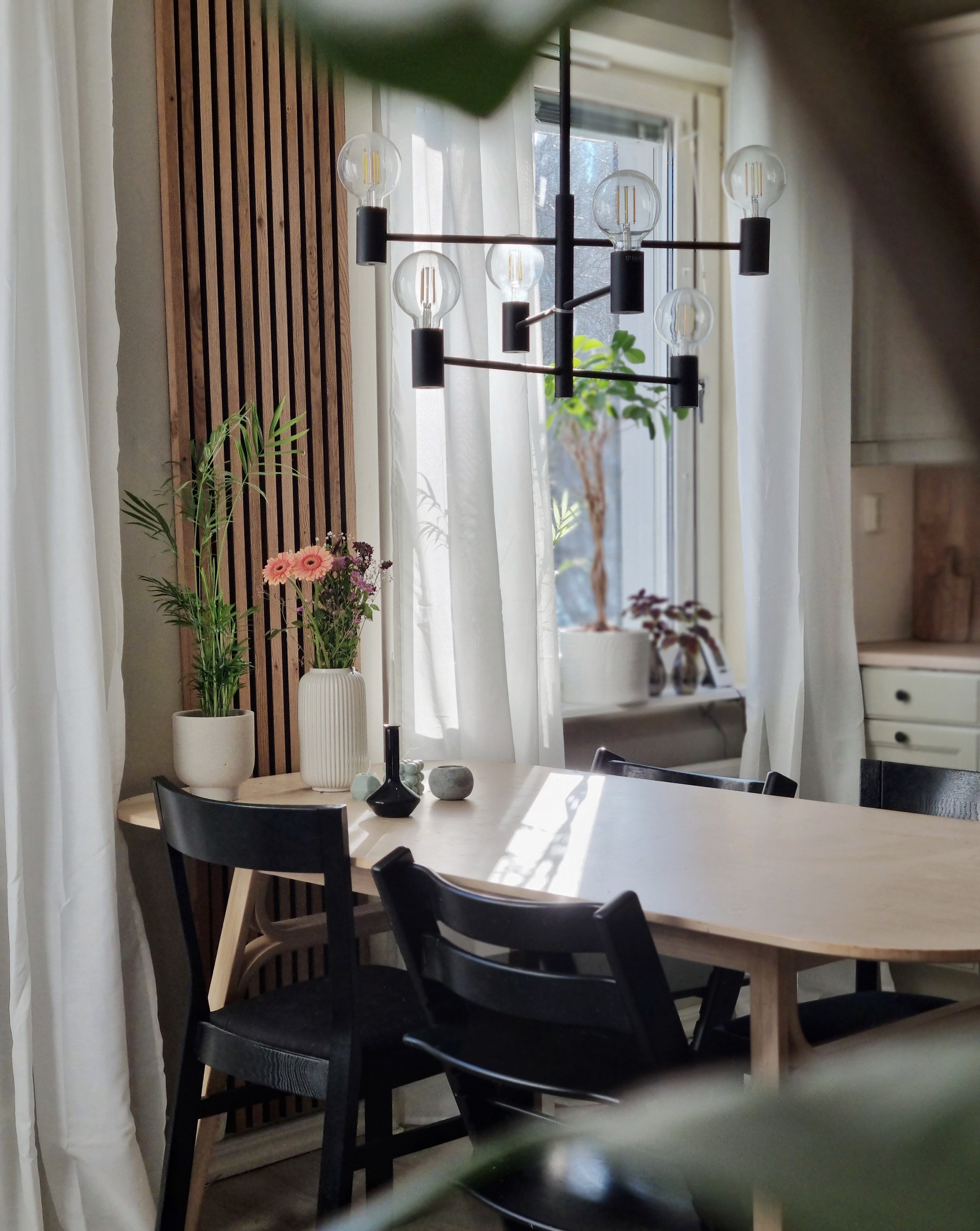 Dining table with black chairs and greenery beneath a modern chandelier, next to a window with white curtains. Natural light fills the Nordic acoustic space.