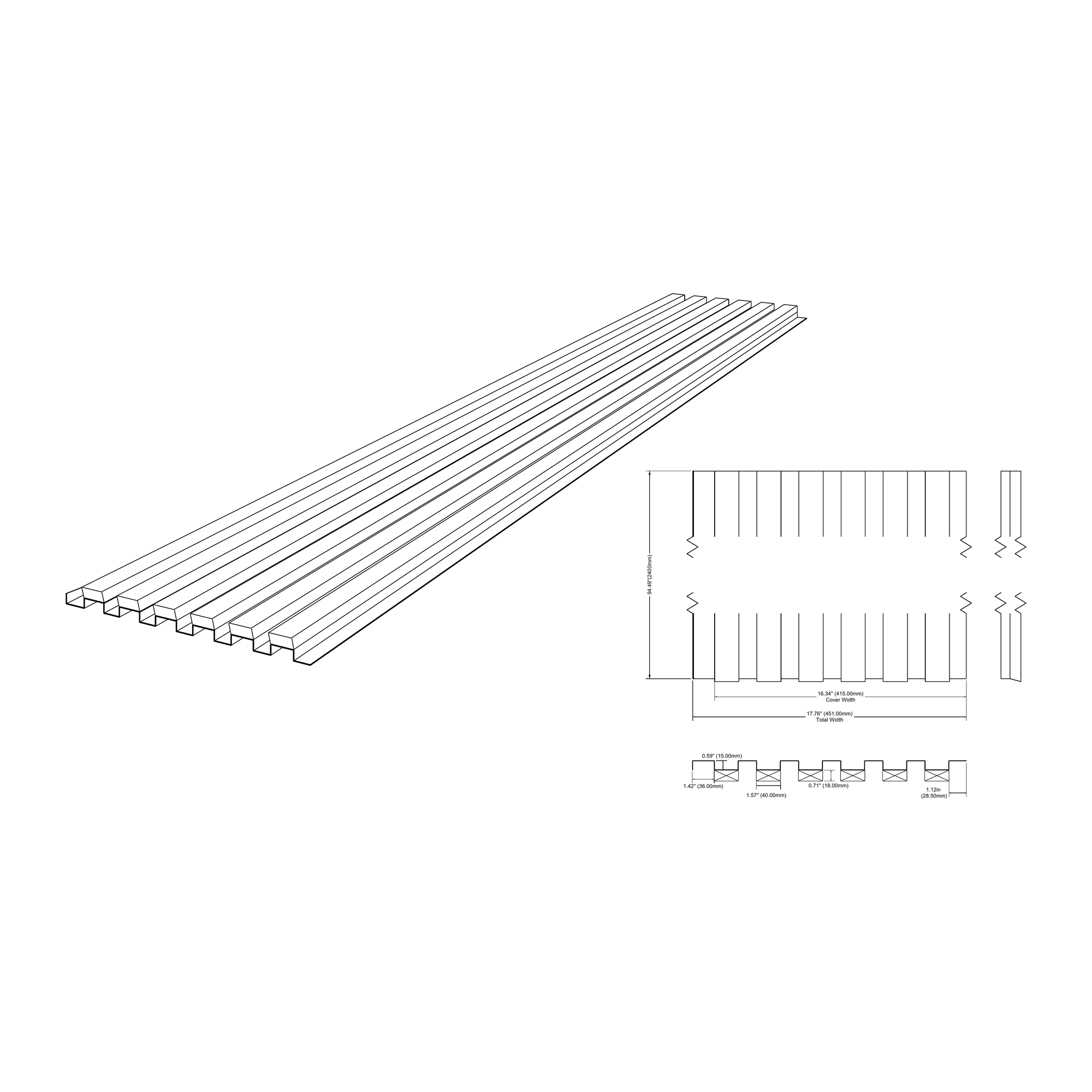 Technical drawing of slat panel with cover width 415 mm and total width 451 mm on plain white background.