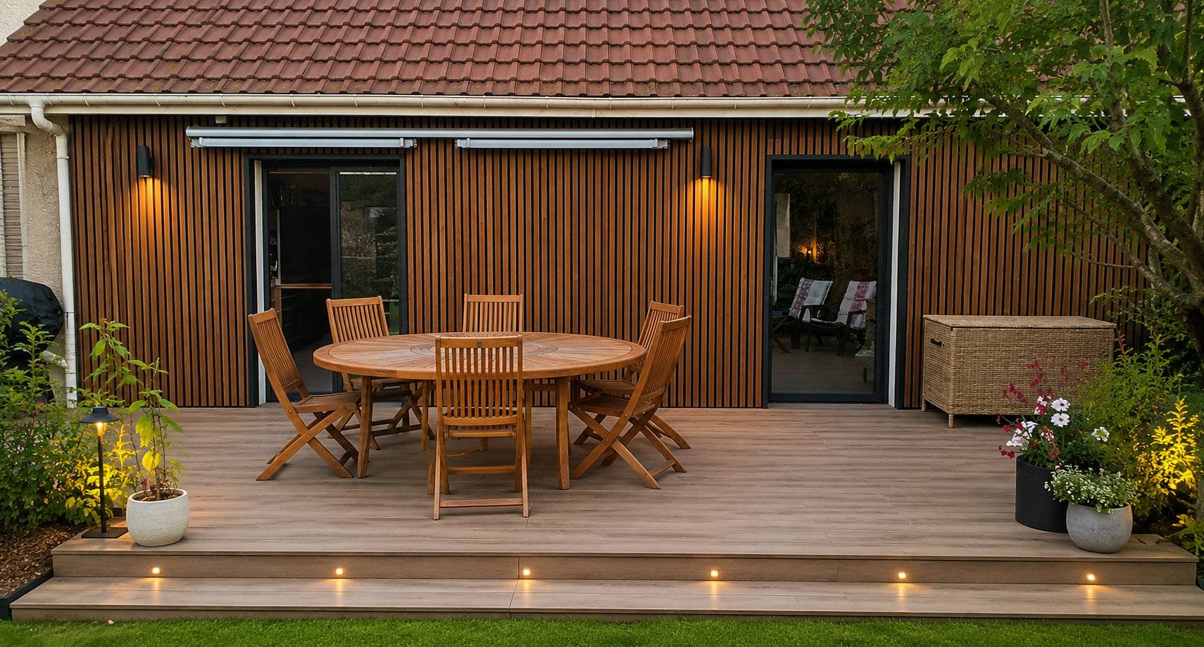 Aluwood aluminium slat cladding on house facade with wooden patio, round table and six chairs