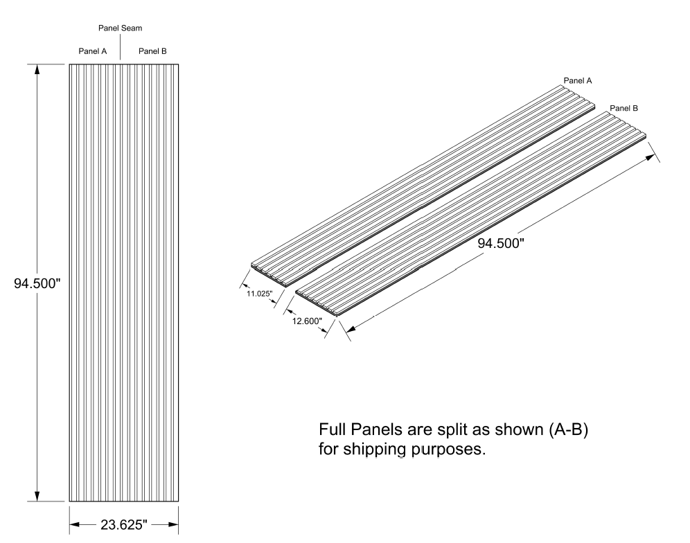 Two Akupanel acoustic panels, A and B, each 94.5 x 23.625, widths of 11 and 12.6, shown split for shipping with top and 3D views.