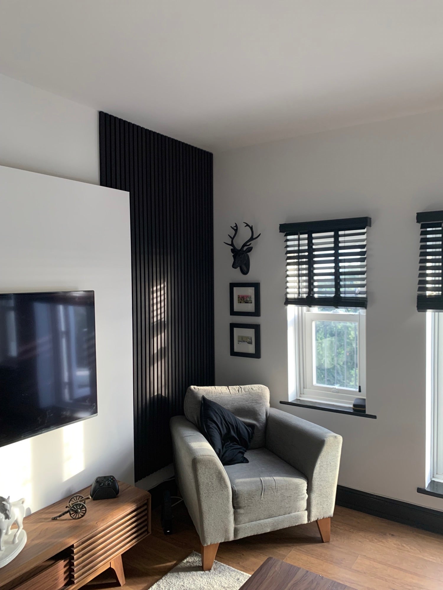 A gray armchair in a sunlit corner with black blinds, an Akupanel acoustic wood panel, a decorative deer head, and a TV mounted on the wall nearby.