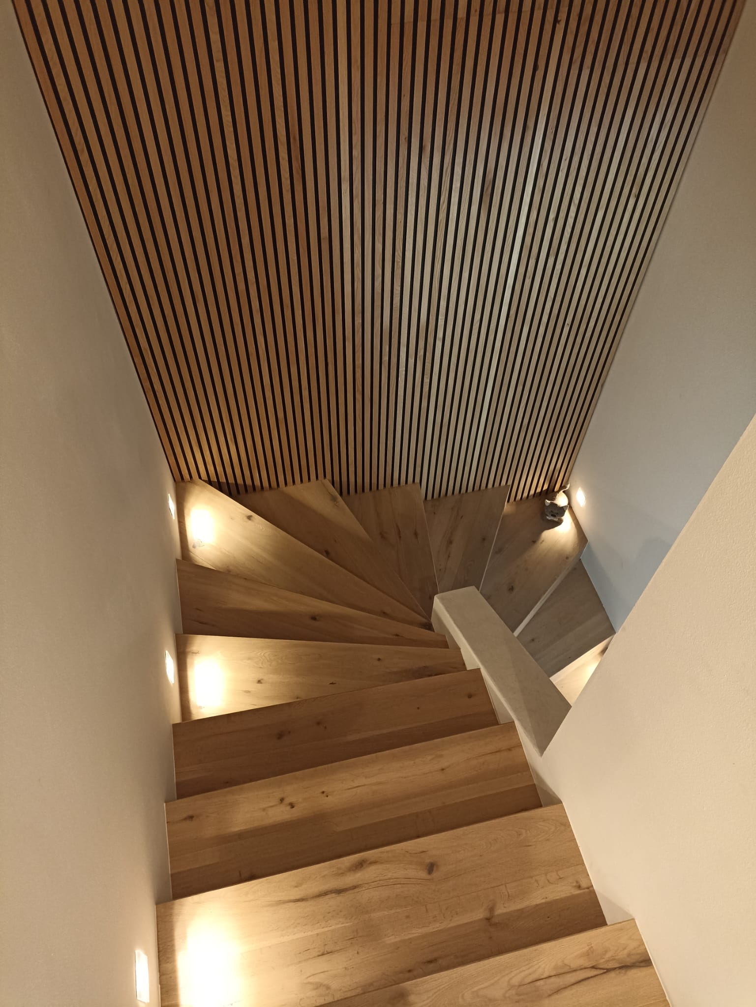 Akupanel acoustic slat ceiling in wood finish above spiral stairs with white walls.