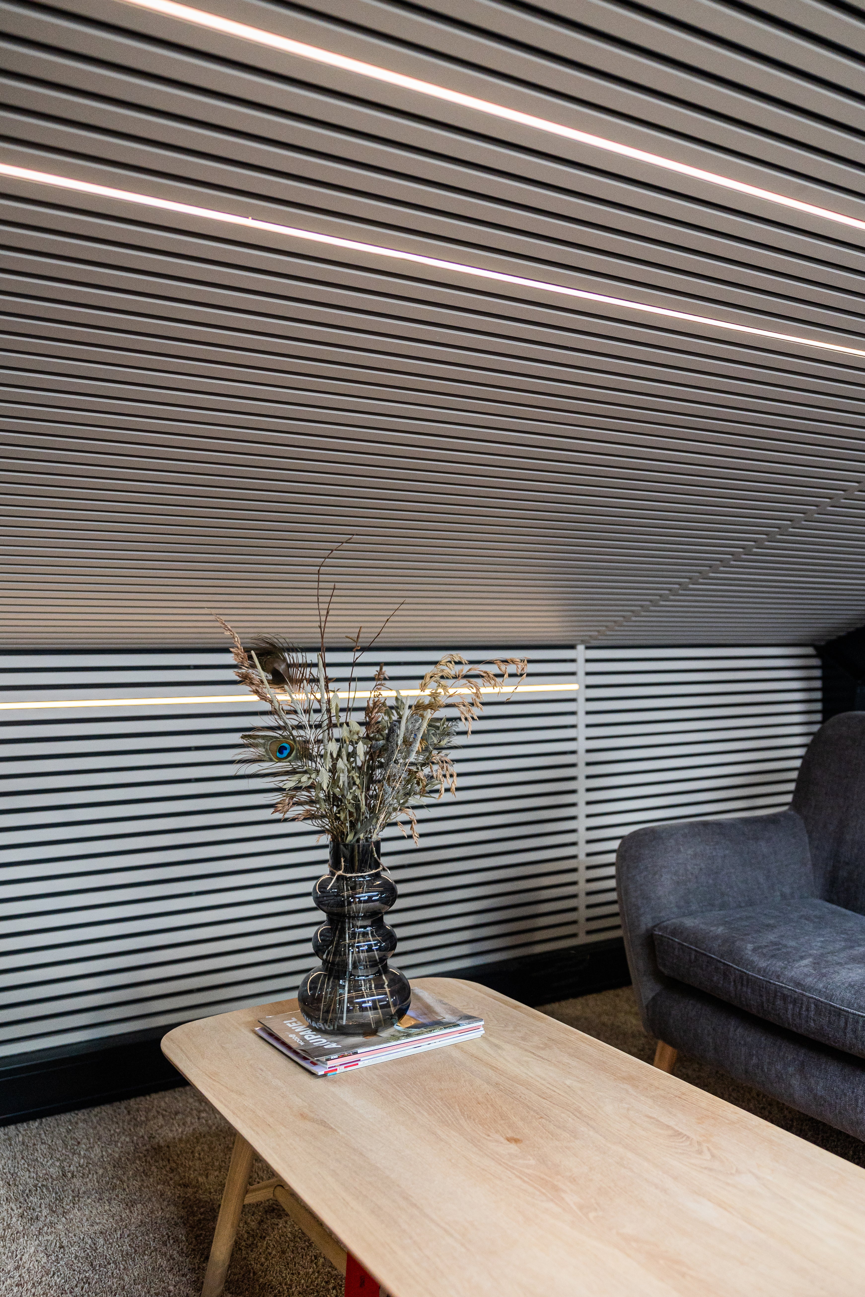 Grey Akupanel acoustic slat ceiling and wall panels over seating area.