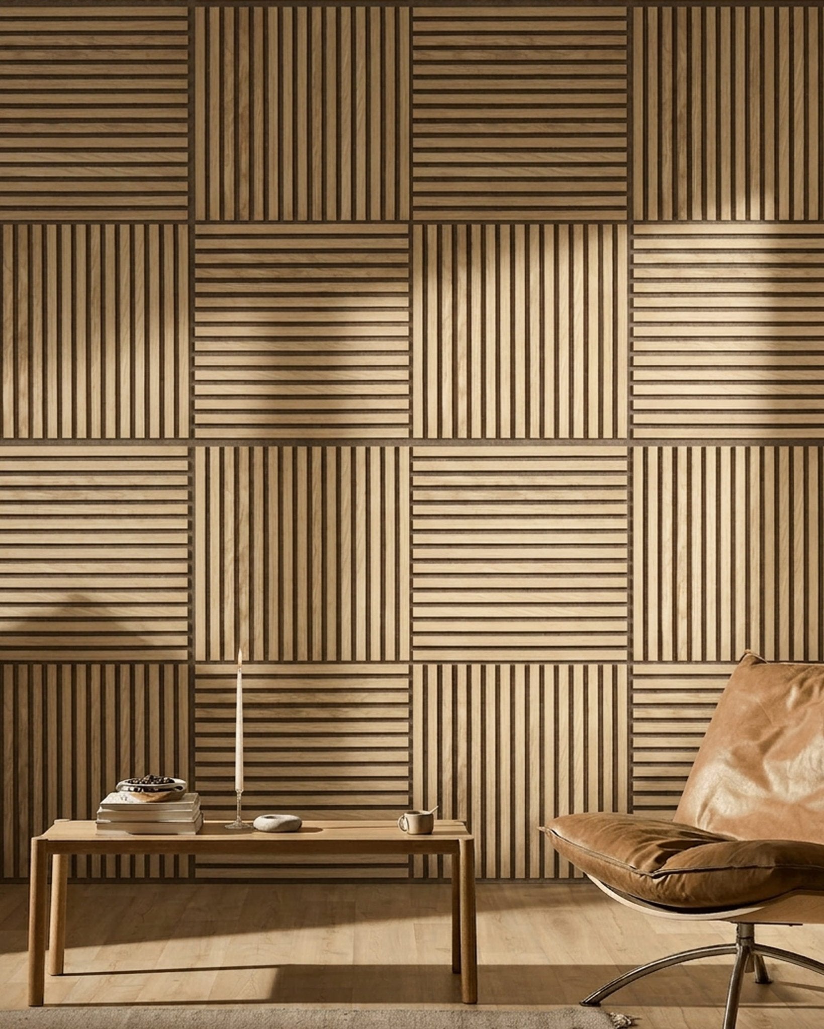 Akupanel acoustic slat wall panels in alternating vertical and horizontal wood slats on a living room wall