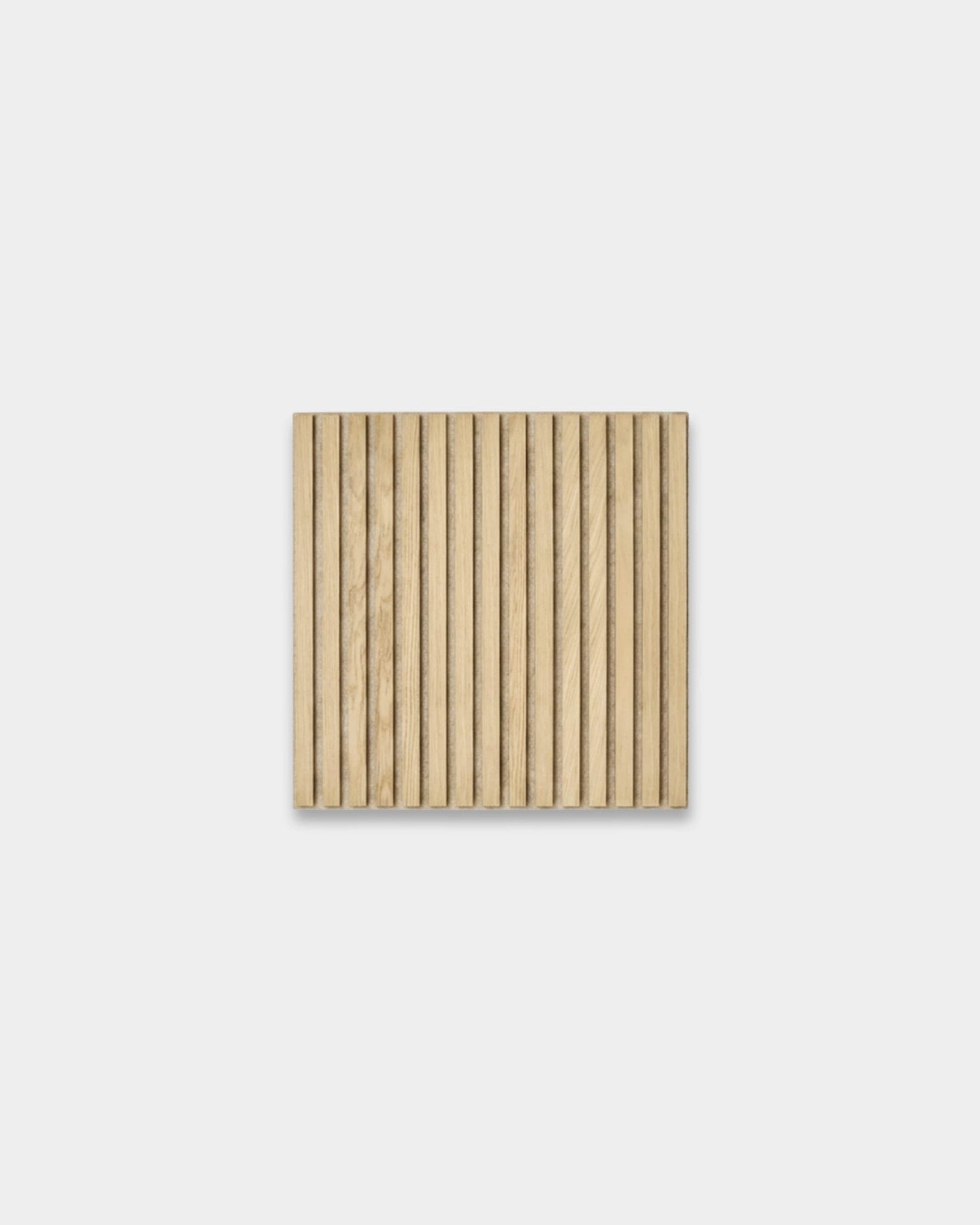 WoodUpp Akupixel acoustic panel, 60x60cm, classic oak wood slats with grey felt backing, Scandinavian minimalist design set against a light gray background.