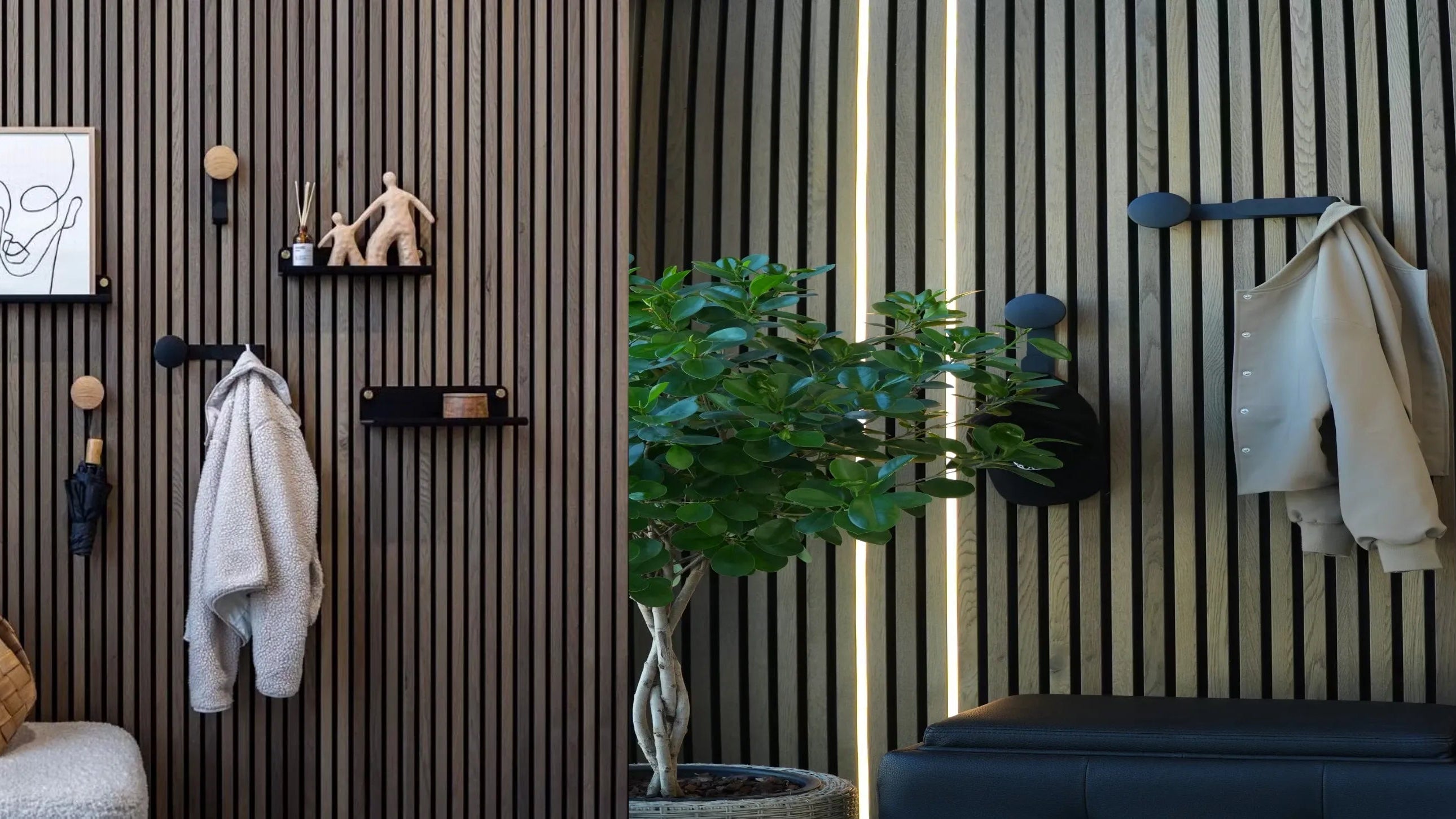 Akupanel acoustic slat wall panels with black hooks, small shelves, vertical LED strip and potted plant in interior