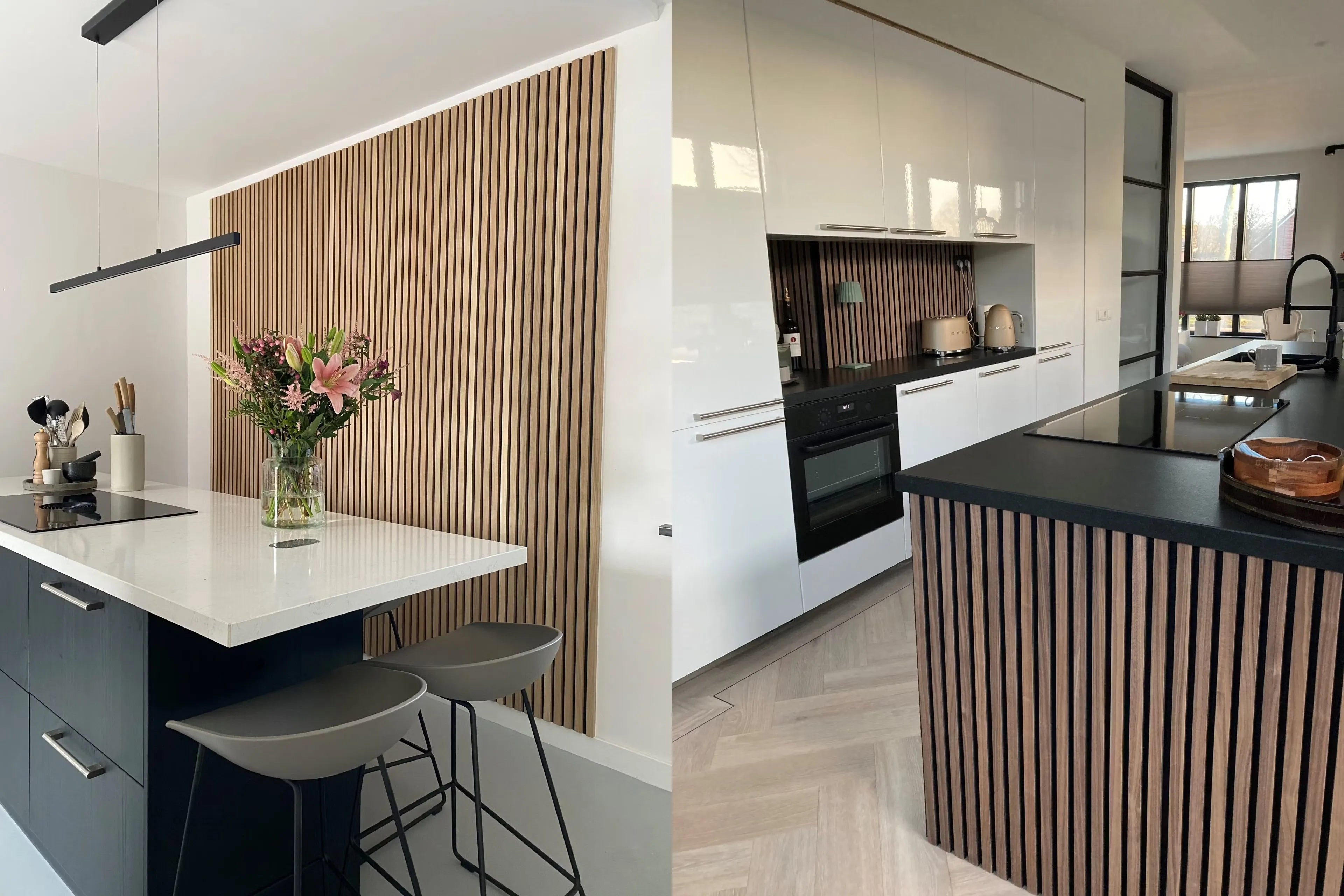 Akupanel wood slat acoustic panels on kitchen wall and island against white cabinets