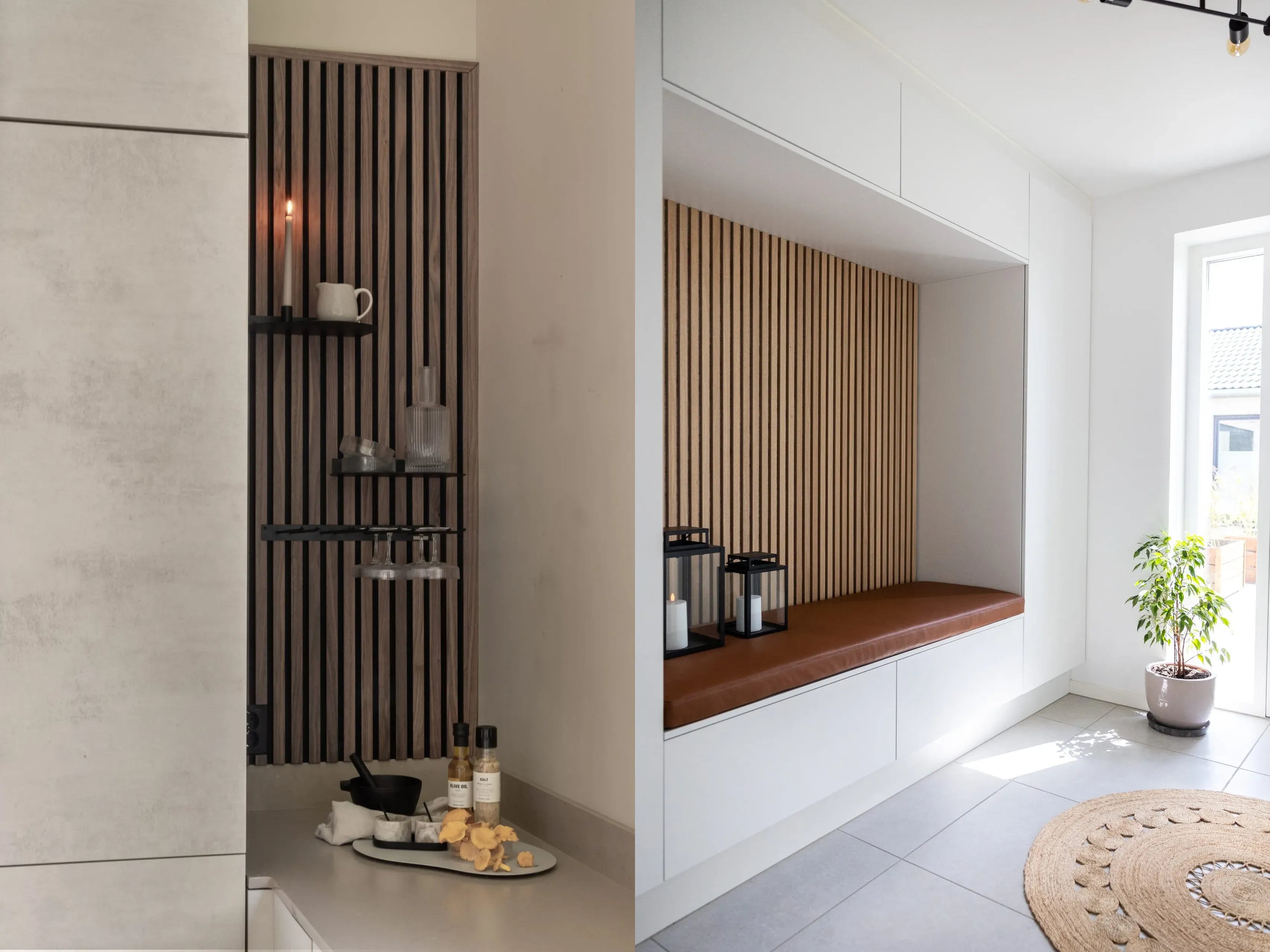 Akupanel wood slat acoustic wall panels in recessed bench alcove with white cabinets and leather cushion.