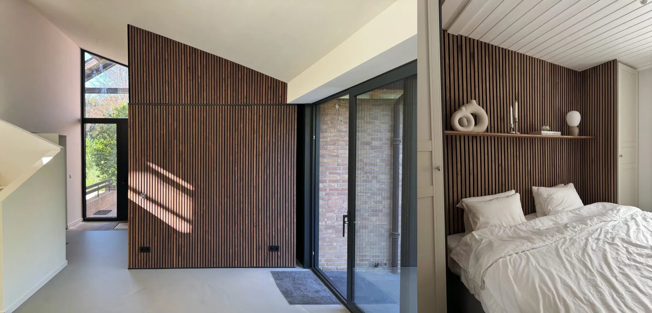 Akupanel acoustic slat wall panels in dark wood on bedroom wall and partition with glass door
