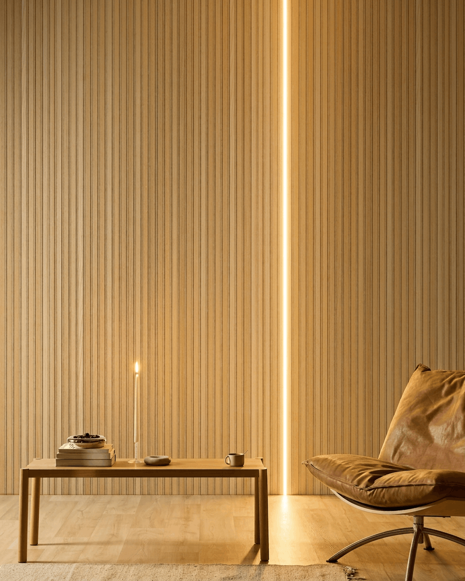 Minimalist room with WoodUpp Akupanel acoustic wood panels, candle, books, leather chair, and warm beige 240 cm Lumi LED striplight accent.