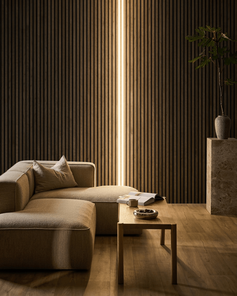 Minimalist living room featuring a beige sectional, wooden coffee table with open book and cup, Akupanel acoustic wood panel wall, and WoodUpp Lumi LED striplight.
