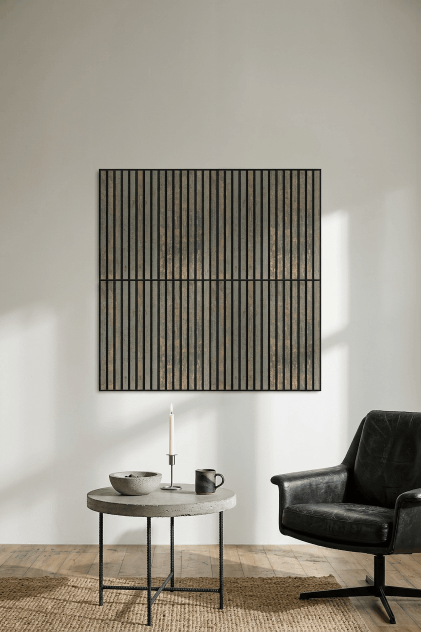 Akupanel acoustic slat panel in Oxide Grey with black felt on white wall above concrete table