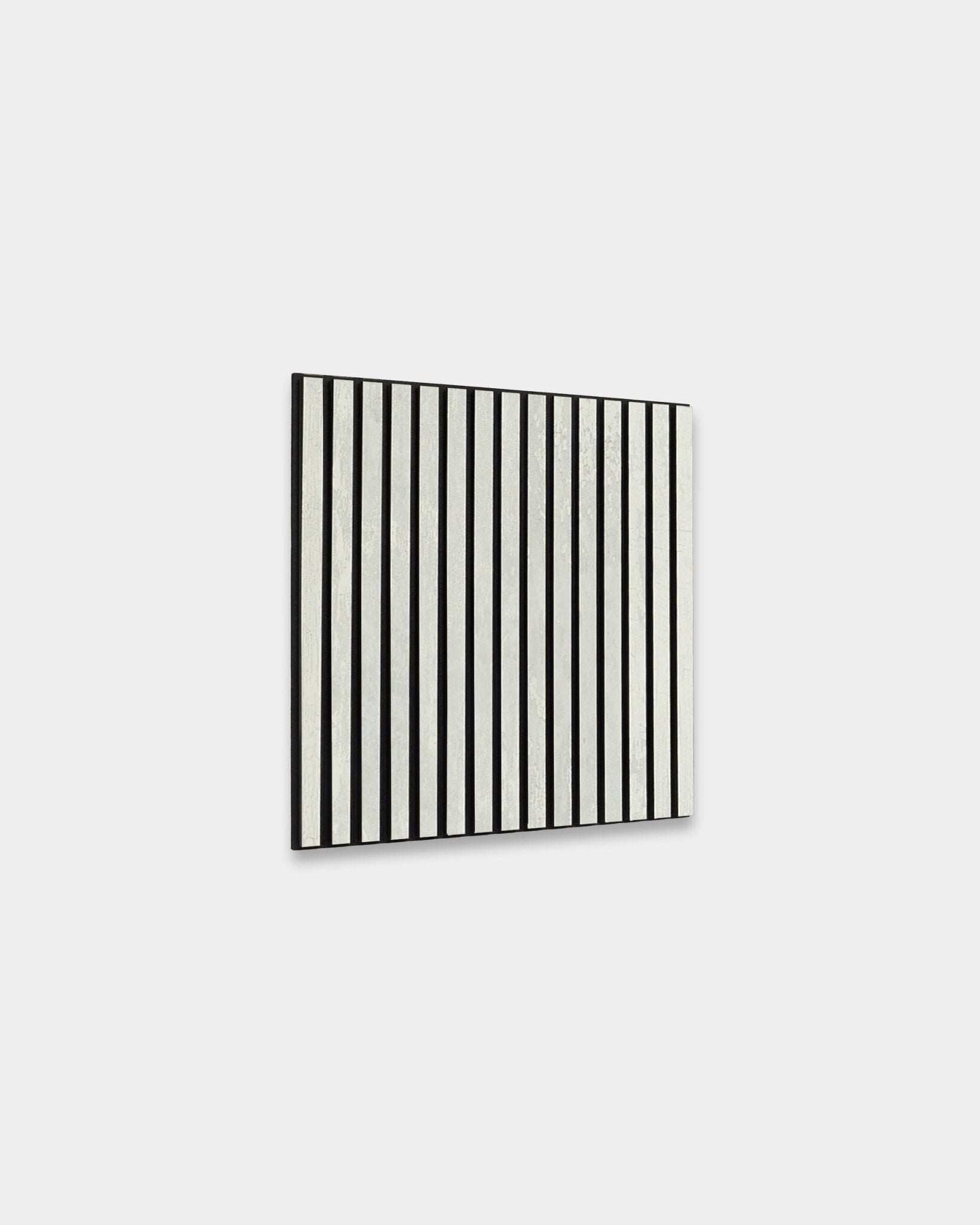 WoodUpp Akupixel acoustic panel with vertical black and oxide white stripes on light gray, slatted design; dimensions 60x60 cm. Nordic style.