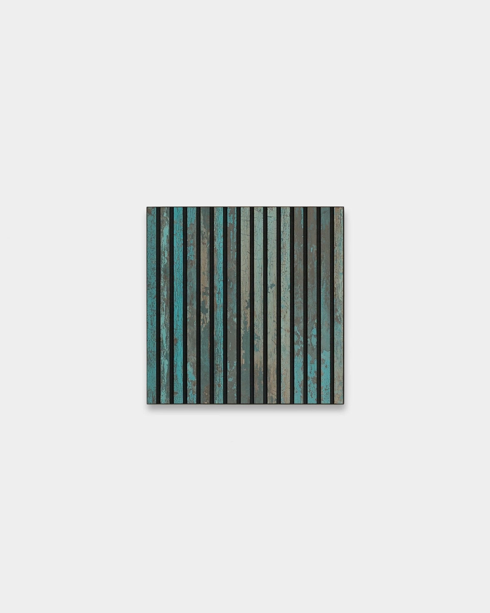 WoodUpp Akupixel acoustic panel, 60x60 cm, features oxide blue slats with black felt backing, designed for sound absorption and a Nordic interior style.