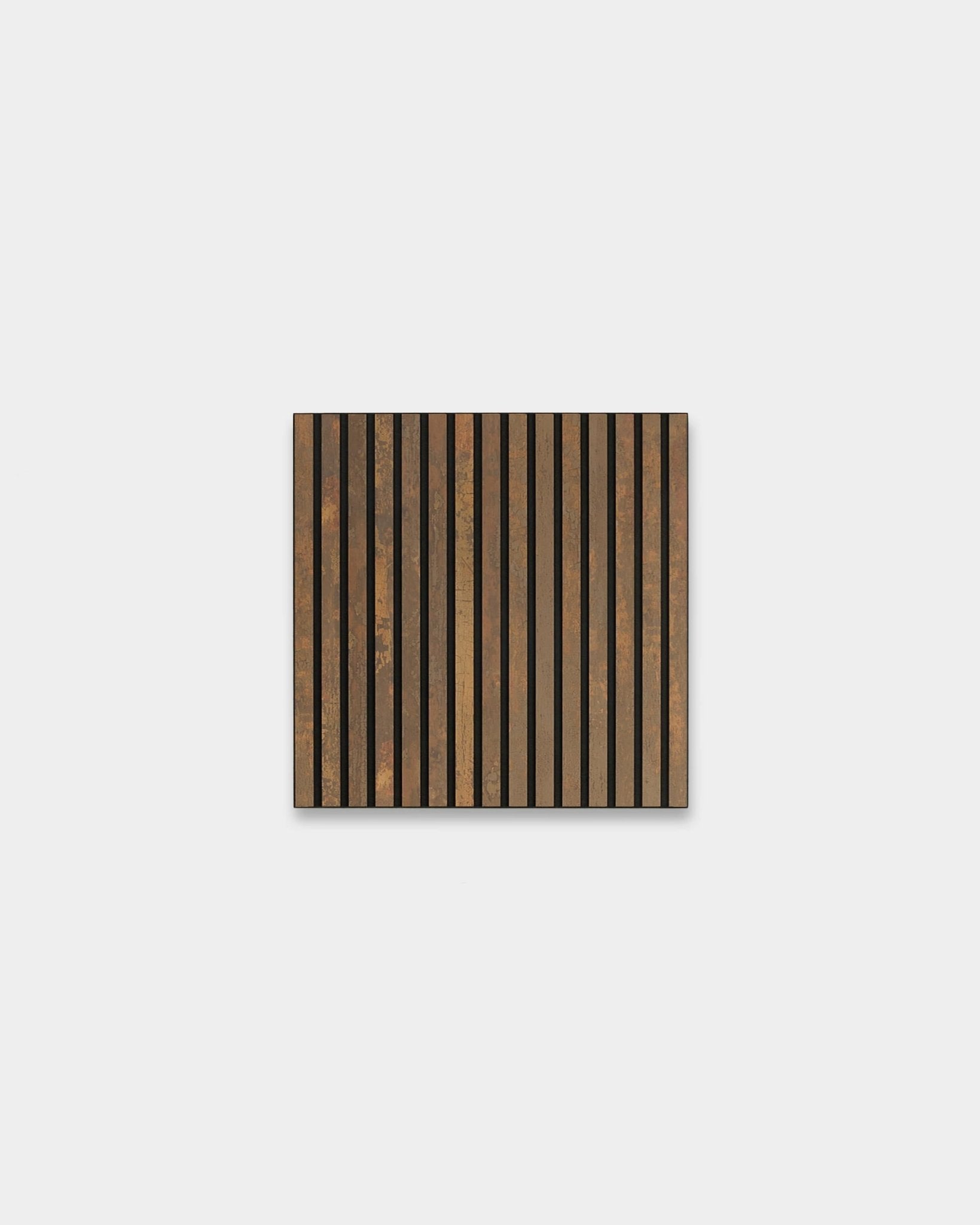 Akupixel Colored Acoustic Panel by WoodUpp in oxide copper finish, featuring a slatted wood design with black felt backing, measuring 60x60 cm.