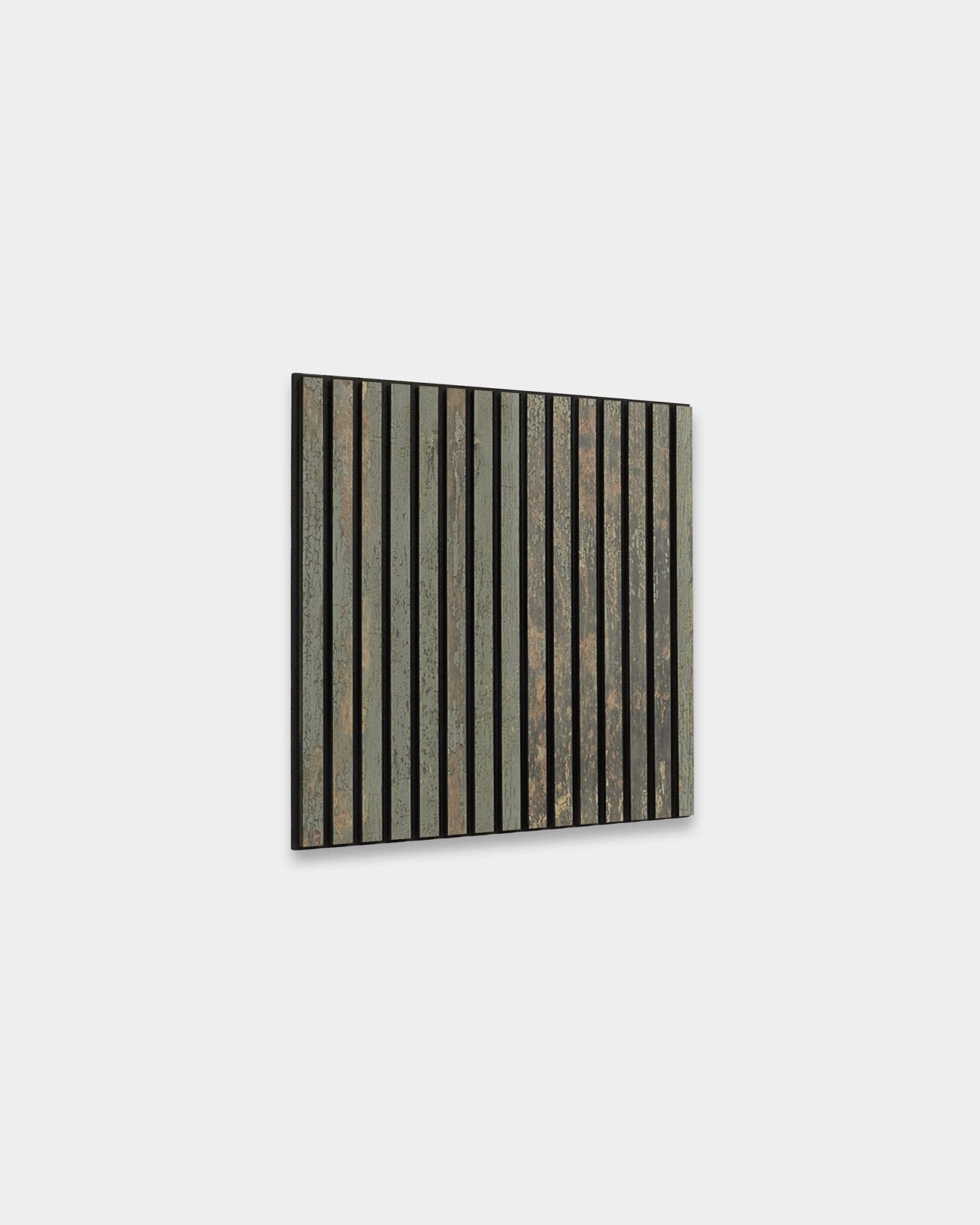 Akupanel acoustic slat wall panel, oxide grey slats and black felt backing on plain white background.