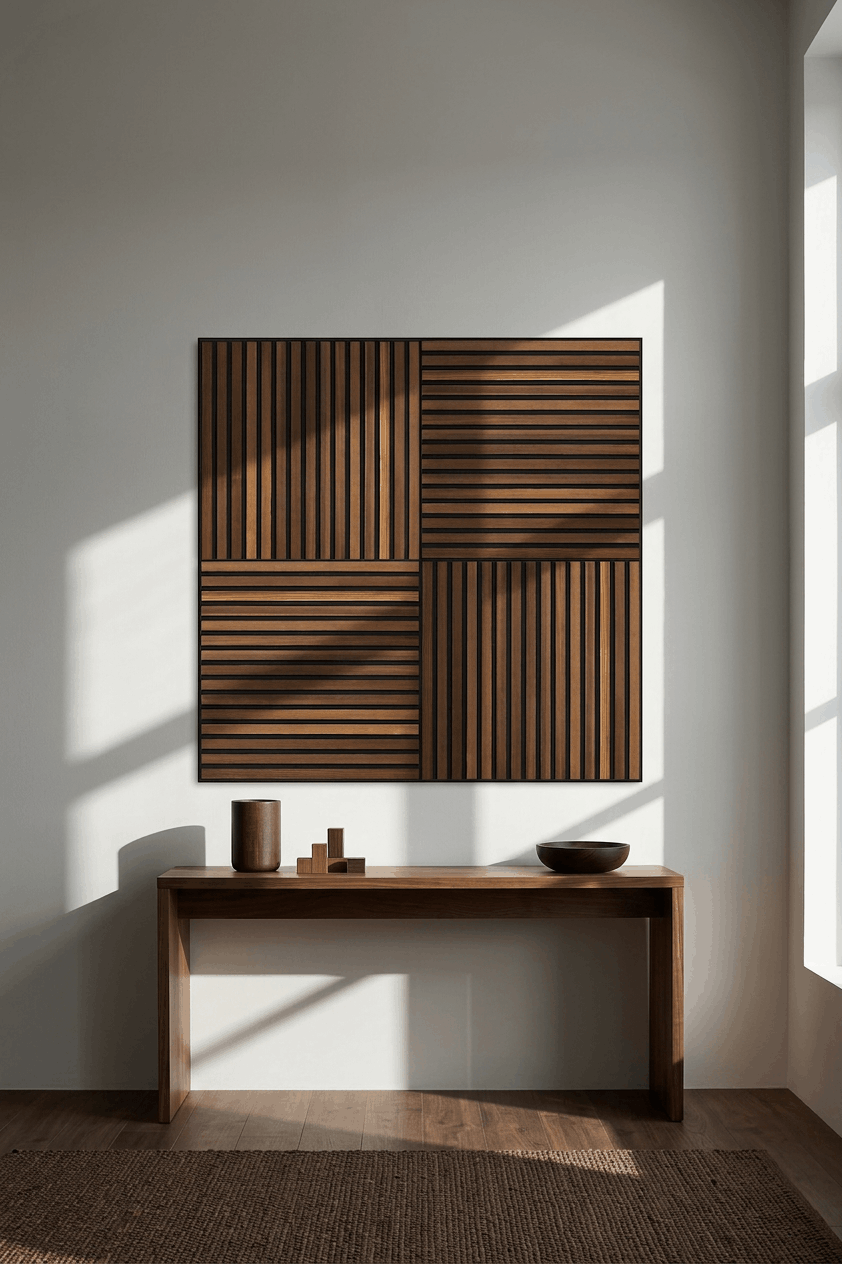 Minimalist room with a WoodUpp Akupixel acoustic panel in Smoked Larch on the wall, wooden table, and simple decor illuminated by natural sunlight.